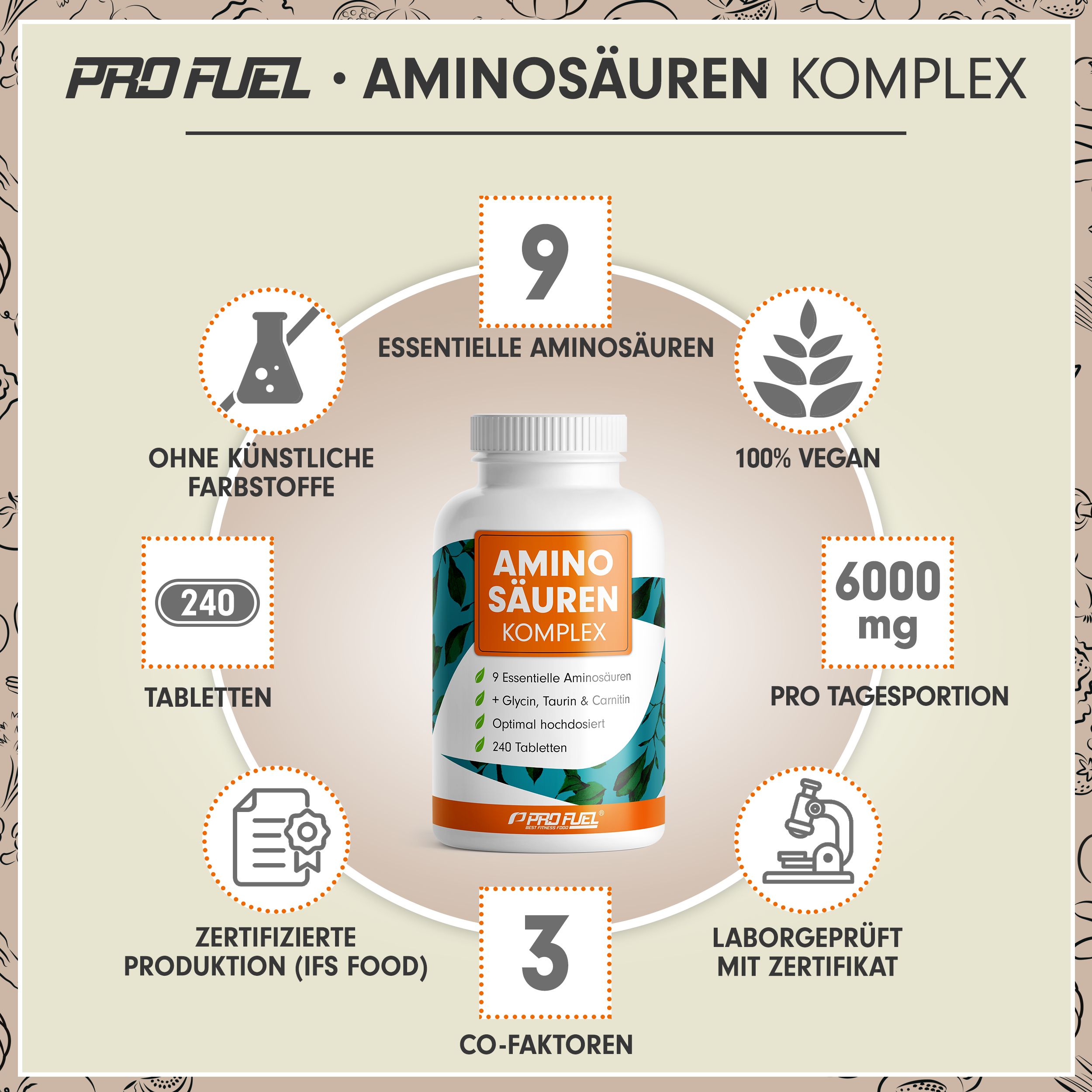 Pro Fuel Aminosäuren Komplex: Dose mit 240 Tabletten. 9 essentielle Aminosäuren, 100% vegan, laborgeprüft.