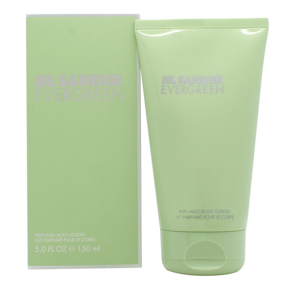 Grüne Tube und Schachtel. Aufschrift: Jil Sander Evergreen. Produkt: Perfumed Body Lotion. Verpackung mit 150 ml.