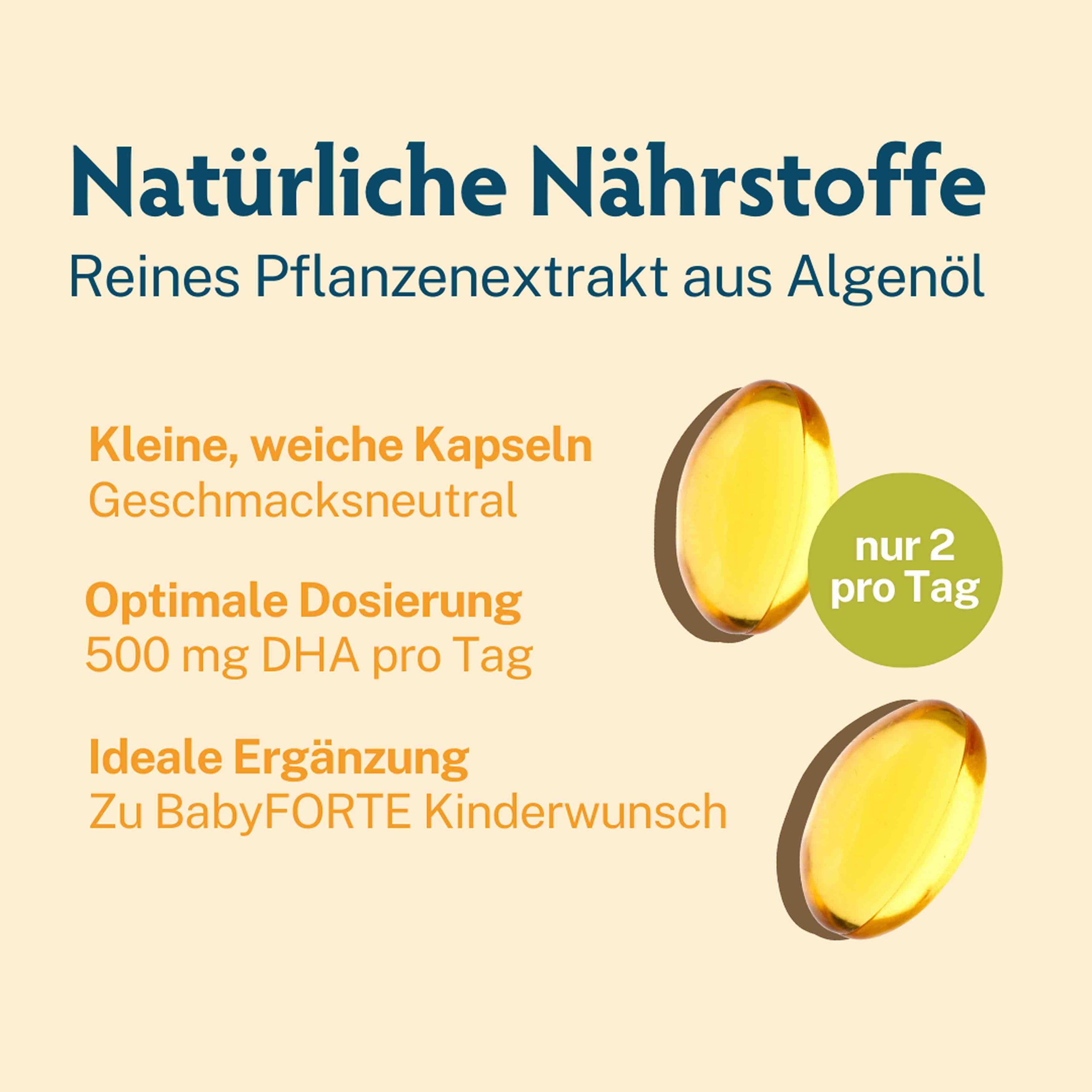 Kapseln mit Text: Natürliche Nährstoffe. Reines Pflanzenextrakt aus Algenöl. Kleine, weiche Kapseln. Optimale Dosierung. Ideale Ergänzung. Nur 2 pro Tag.