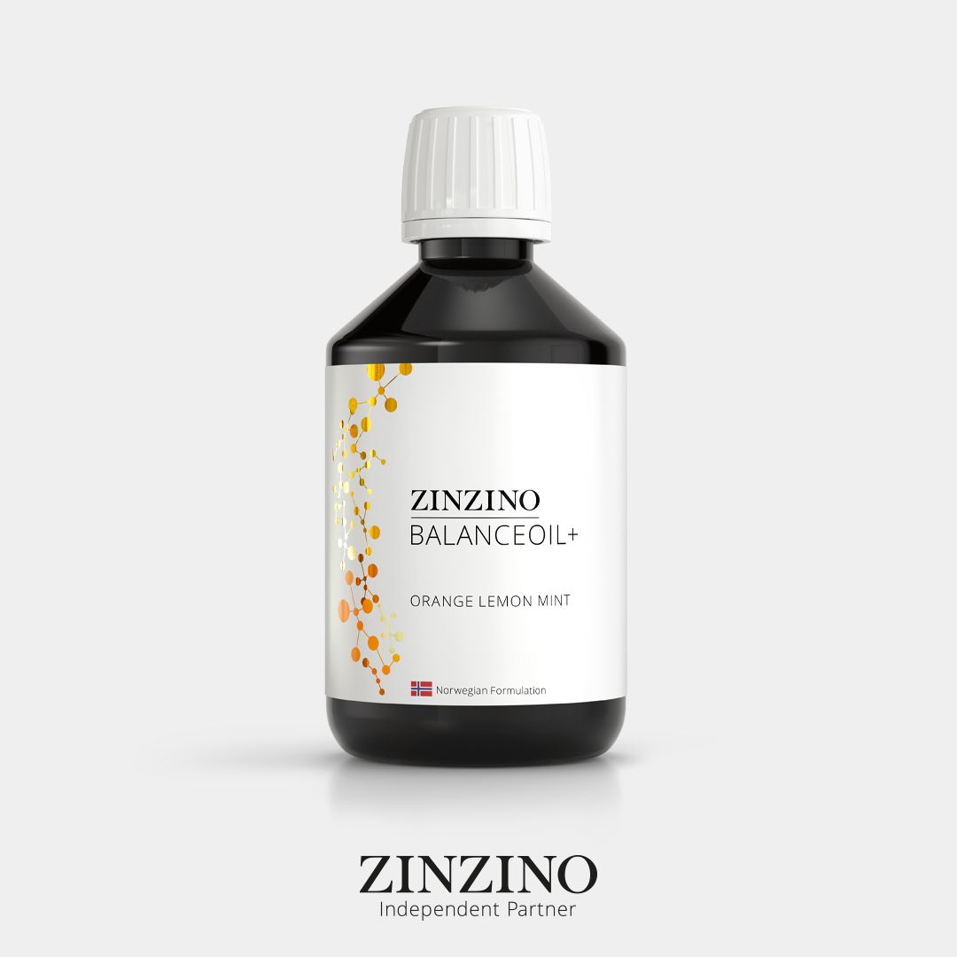 Schwarze Flasche mit weißem Etikett. Aufschrift: Zinzino BalanceOil+, Orange Lemon Mint. Logo unten.