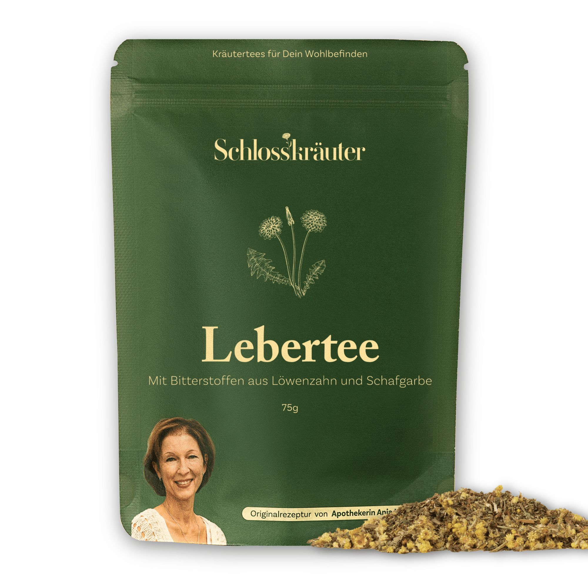 Grüner Beutel mit Schlosskräuter Lebertee. Text: Lebertee, 75g. Frau im Bild. Kräutertees für Dein Wohlbefinden.