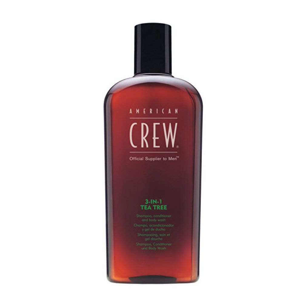 American Crew 3-in-1 Tea Tree Shampoo, Conditioner und Body Wash in bernsteinfarbener Flasche.