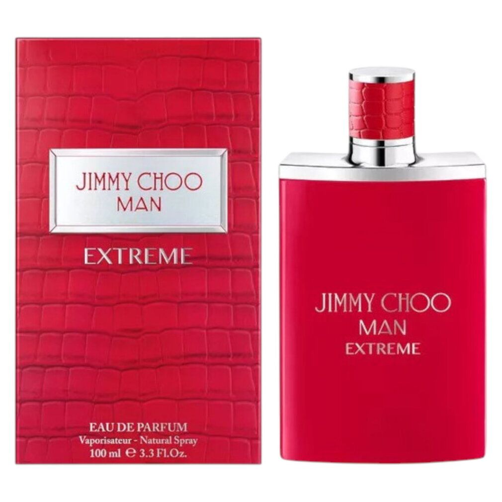 Jimmy Choo Man Extreme Eau de Parfum Flakon und Verpackung. Rote Box mit Krokodilleder-Textur, silberner Schriftzug.