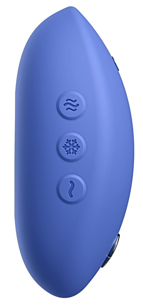 Blaues, ovales Gerät mit drei Knöpfen. Logo "We-Vibe" oben. Knöpfe mit Symbolen für Wärme und Kälte.