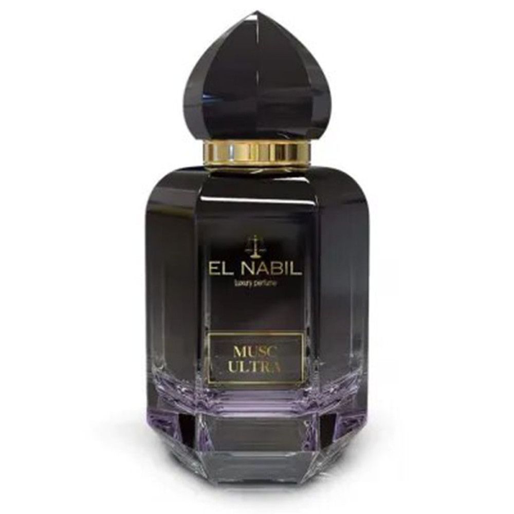 Dunkle Flasche mit goldener Kappe. Aufschrift: EL NABIL, MUSC ULTRA. Geometrische Form, Facetten.