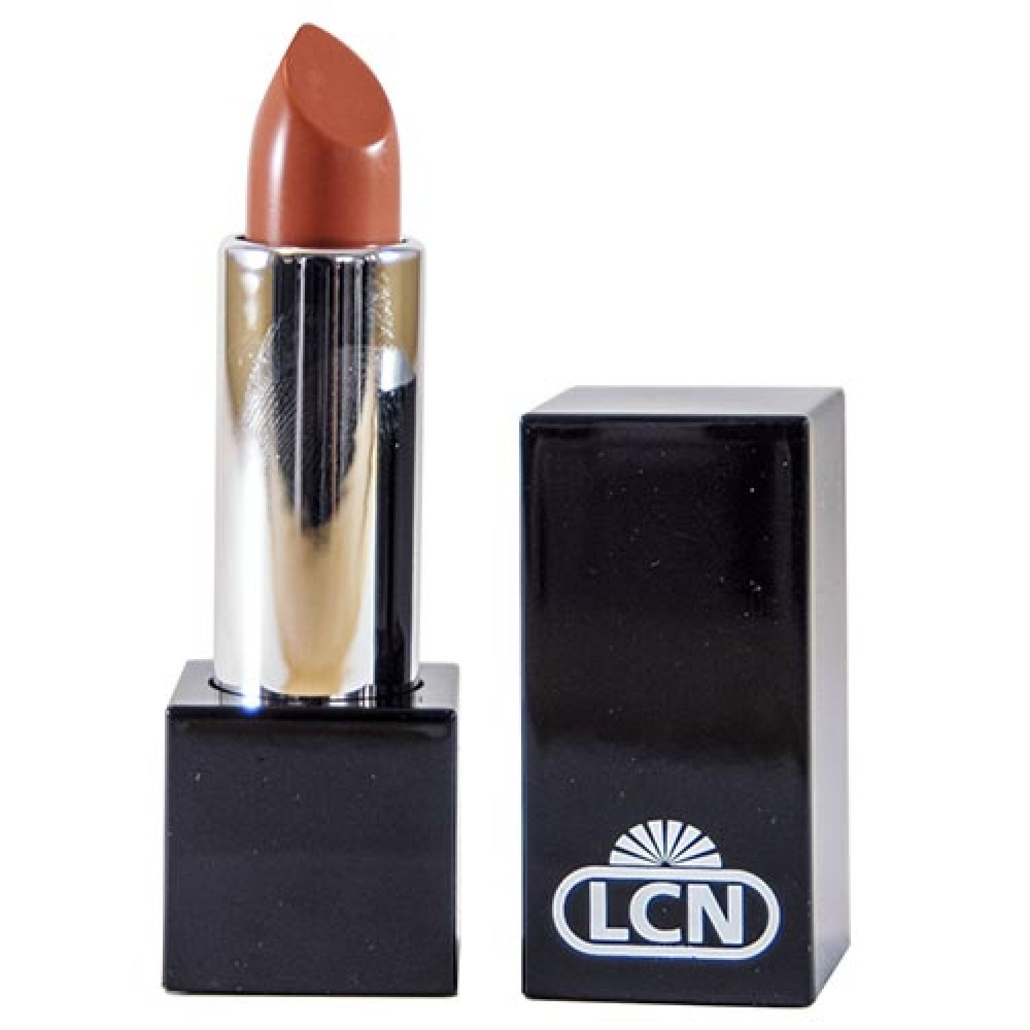 Lippenstift mit brauner Spitze und schwarzer, quadratischer Hülse. Silberfarbener Schaft. LCN-Logo auf der Hülse.