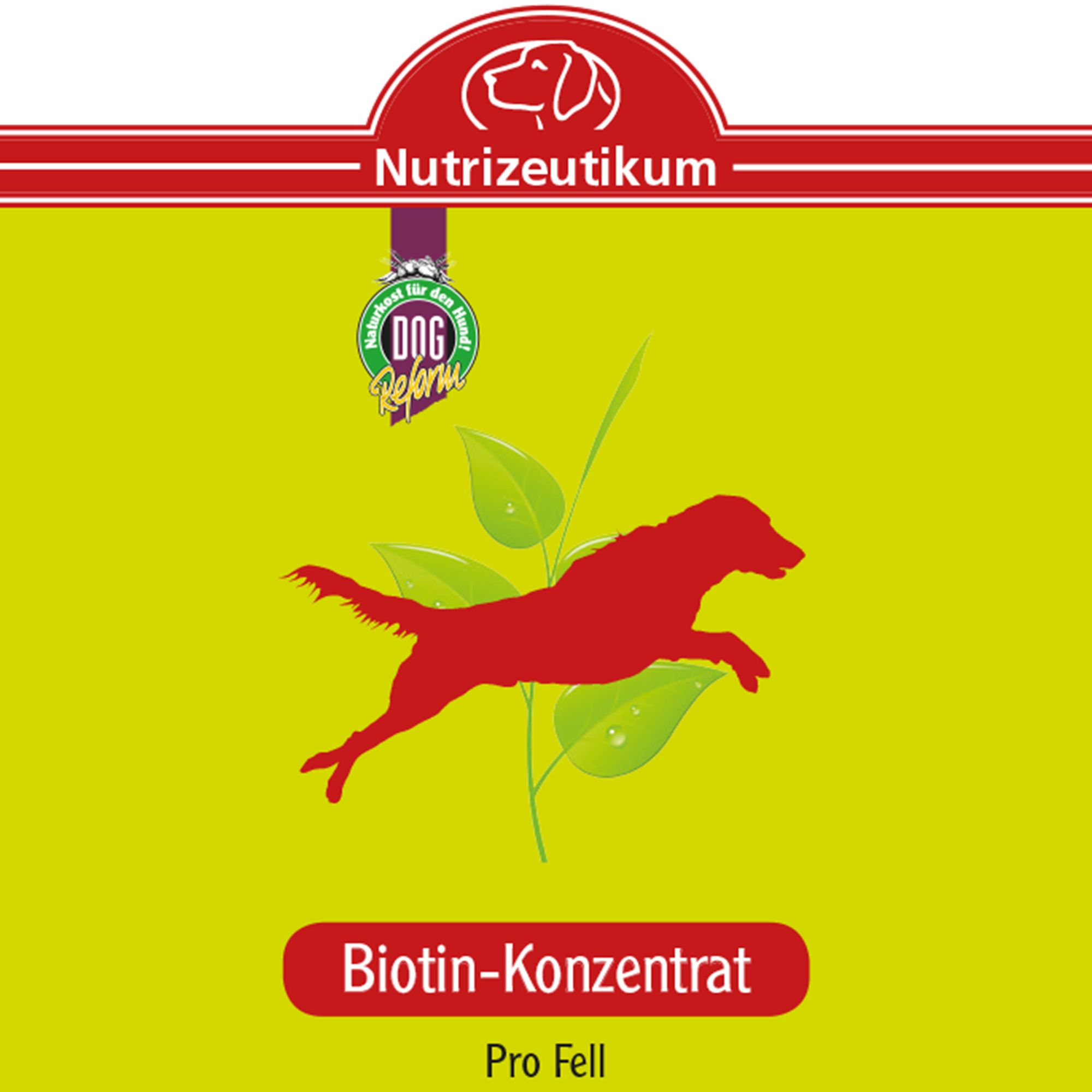 Gelbes Etikett mit rotem Logo: springender Hund. Text: Biotin-Konzentrat Pro Fell. Marke: Nutrizeutikum.