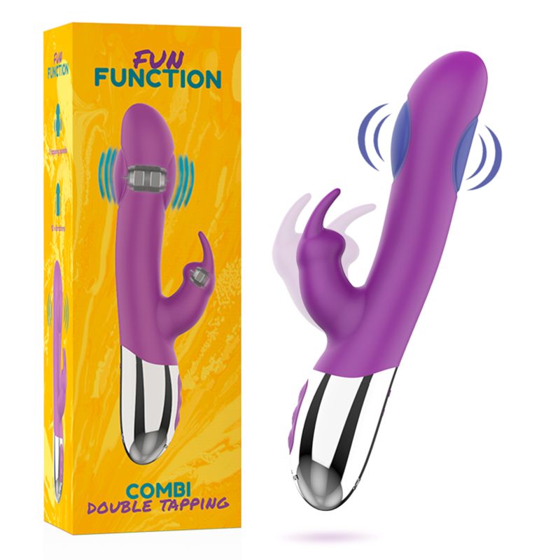 Lila Vibrator mit Hasenohren-Design und Verpackung. Fun Function-Logo und Combi Double Tapping.