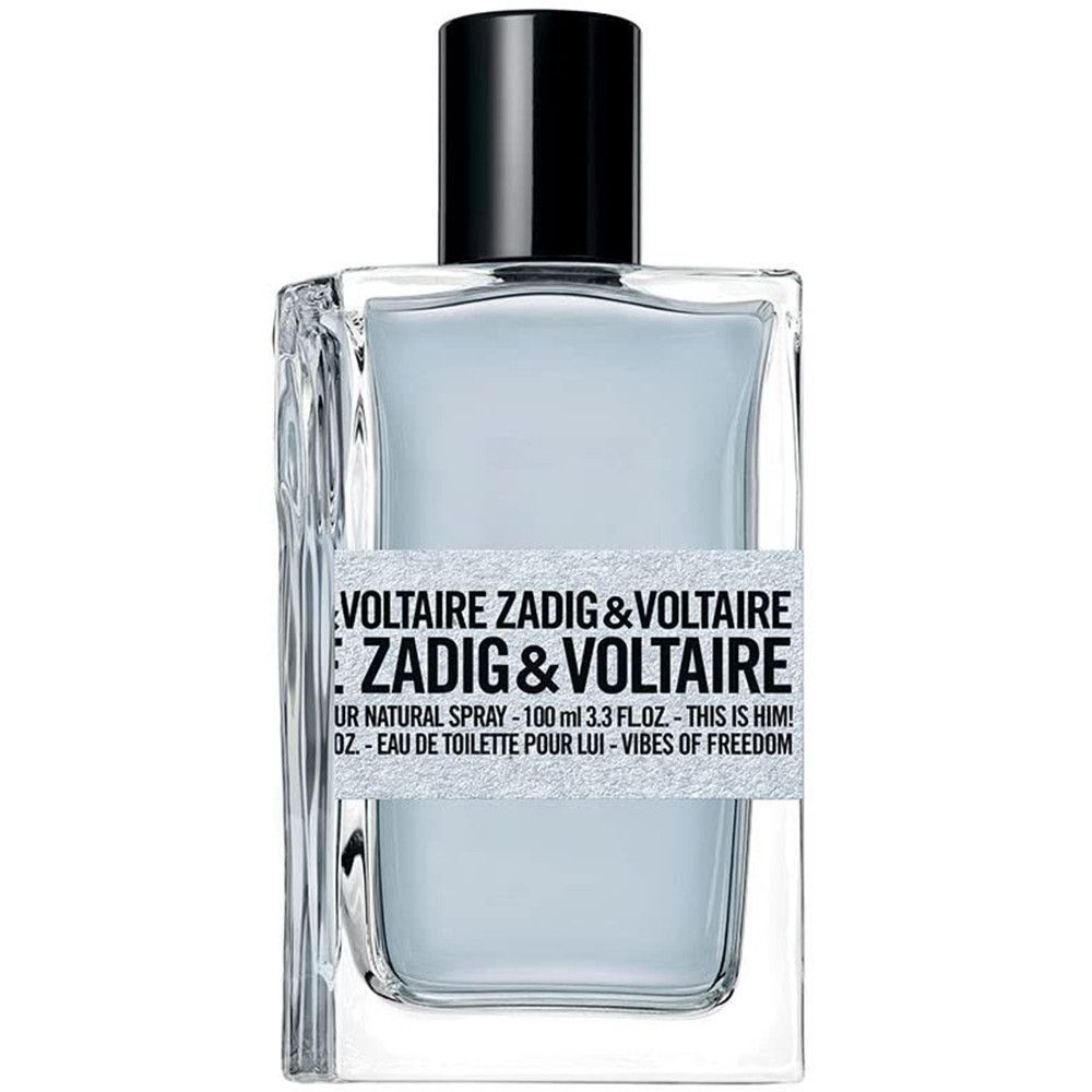 Zadig & Voltaire Duftflakon mit blauer Flüssigkeit. Rechteckig, schwarzer Verschluss. Etikett mit Text.