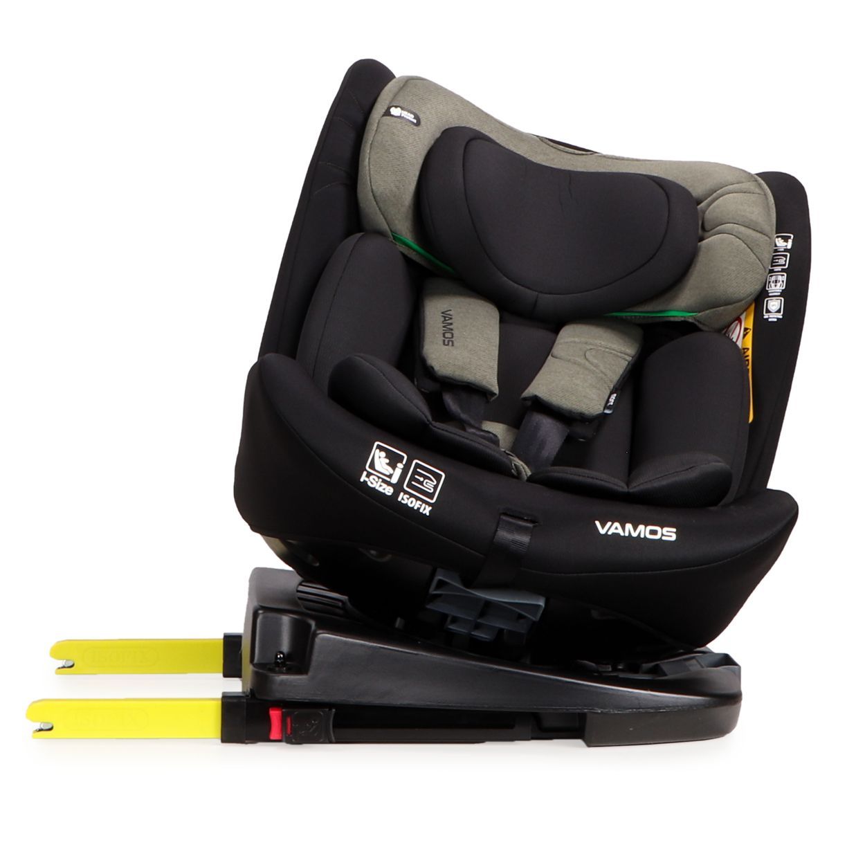 Schwarzer Kindersitz mit grauen Akzenten, 5-Punkt-Gurt, Isofix-Basis, Vorderansicht.