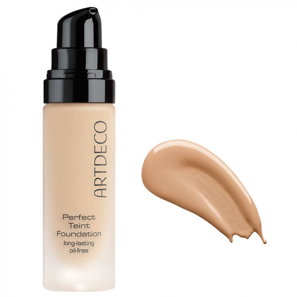 Artdeco Perfect Teint Foundation mit Spender und Farbmuster. Farbton Golden Biscuit. Schwarzer Spender.