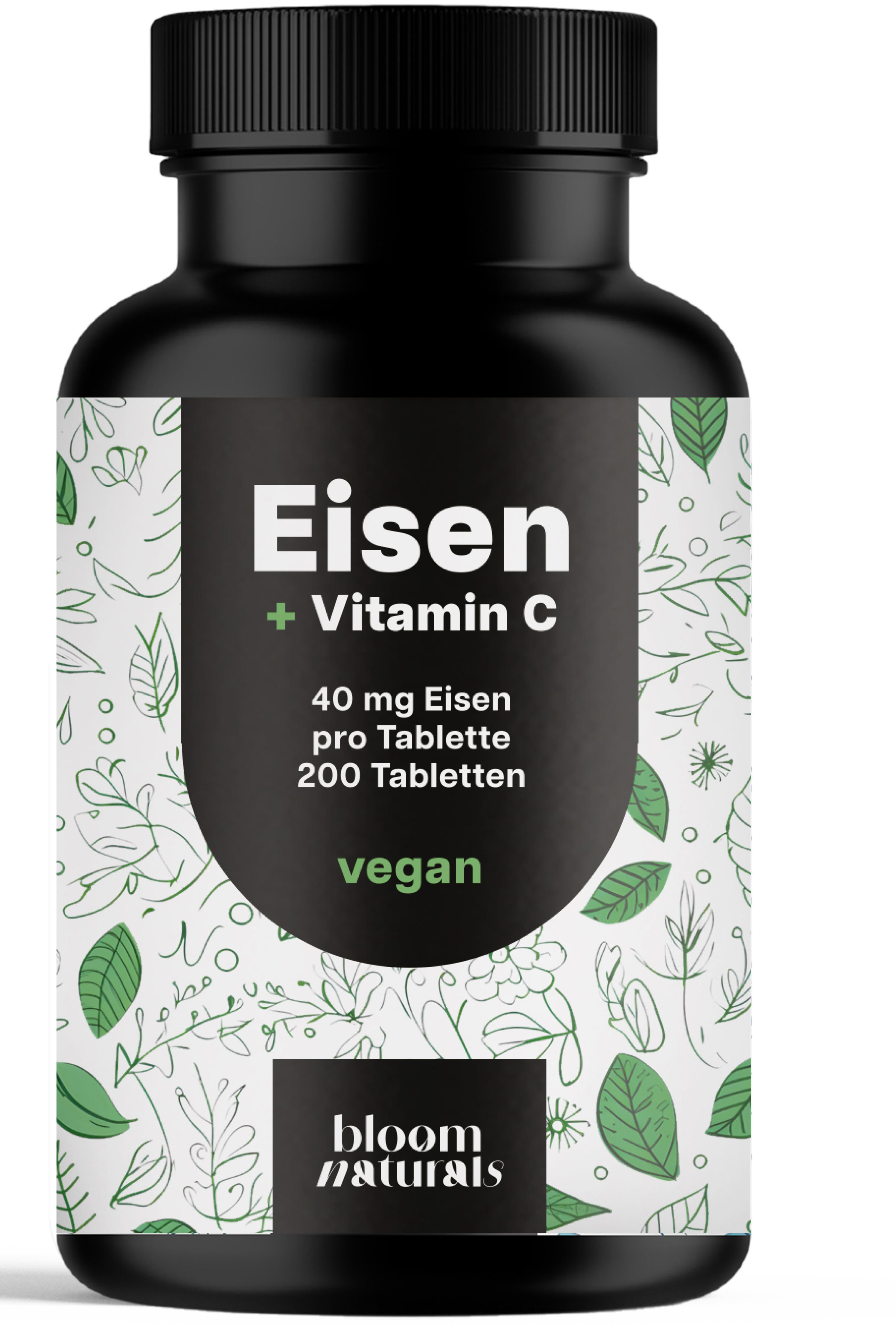 Schwarze Flasche mit Etikett. Aufschrift: Eisen + Vitamin C, 40 mg Eisen, 200 Tabletten, vegan. Marke: bloom naturals.