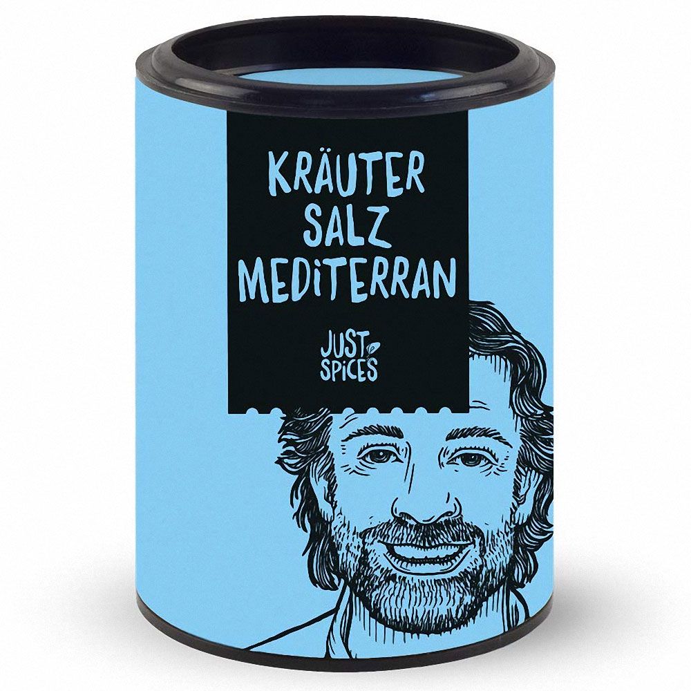 Zylindrische Dose mit blauem Hintergrund. Aufschrift: Kräuter Salz Mediterran. Logo: Just Spices. Abbildung eines Mannes.