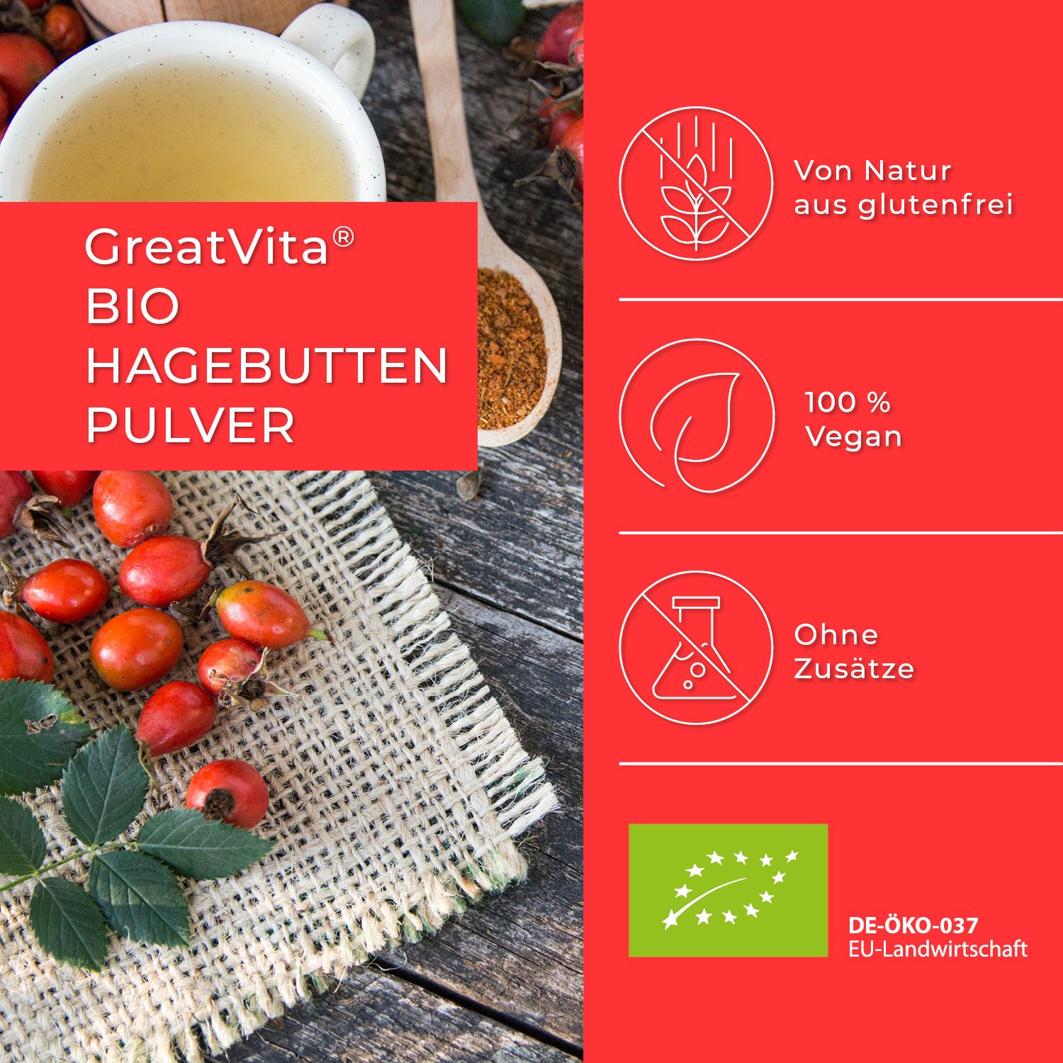 GreatVita Bio Hagebuttenpulver 1000 g Pulver