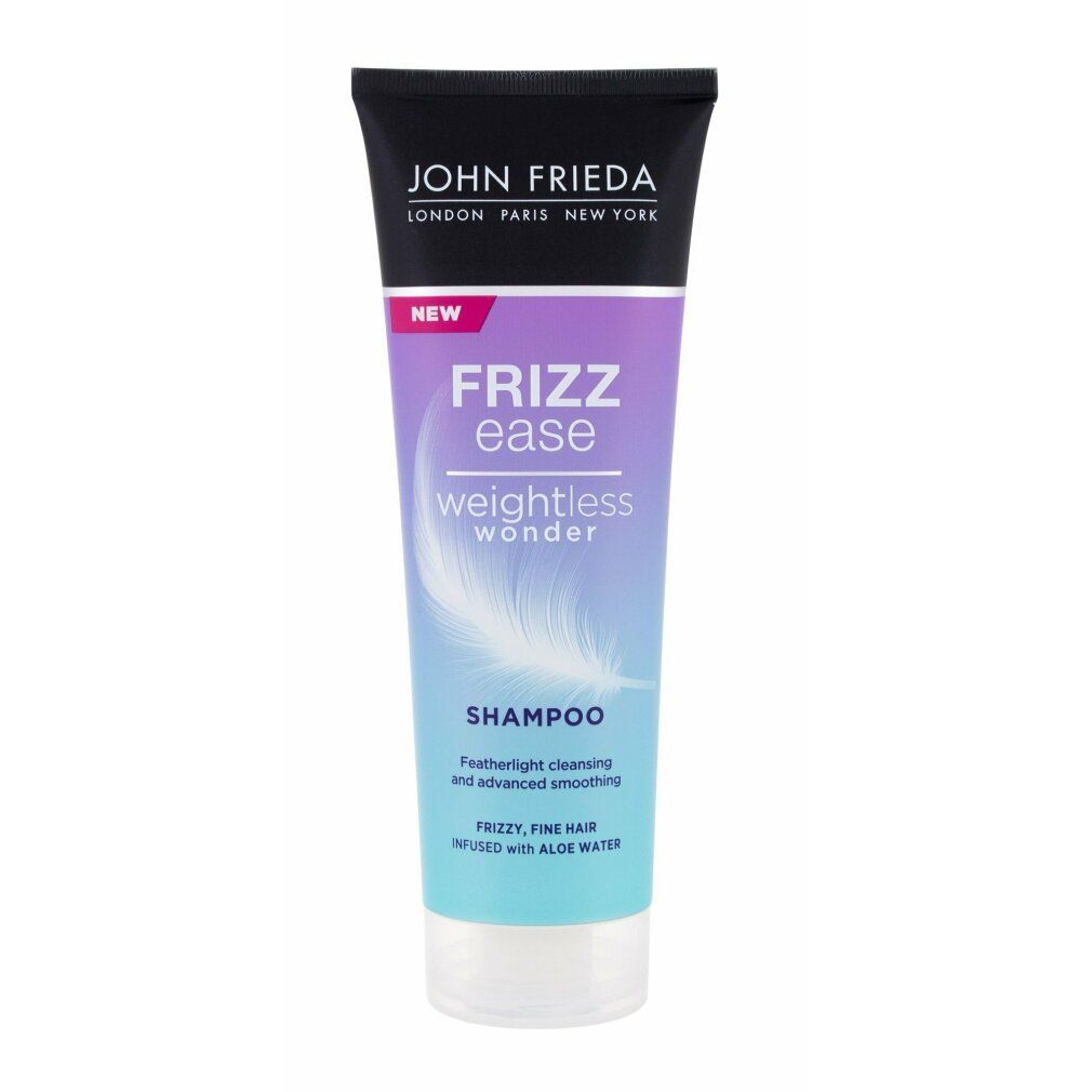 Shampoo-Tube Frizz Ease Weightless Wonder. Schwarzer Deckel, lila-blauer Farbverlauf, Feder-Illustration. Text: Shampoo, für feines Haar.