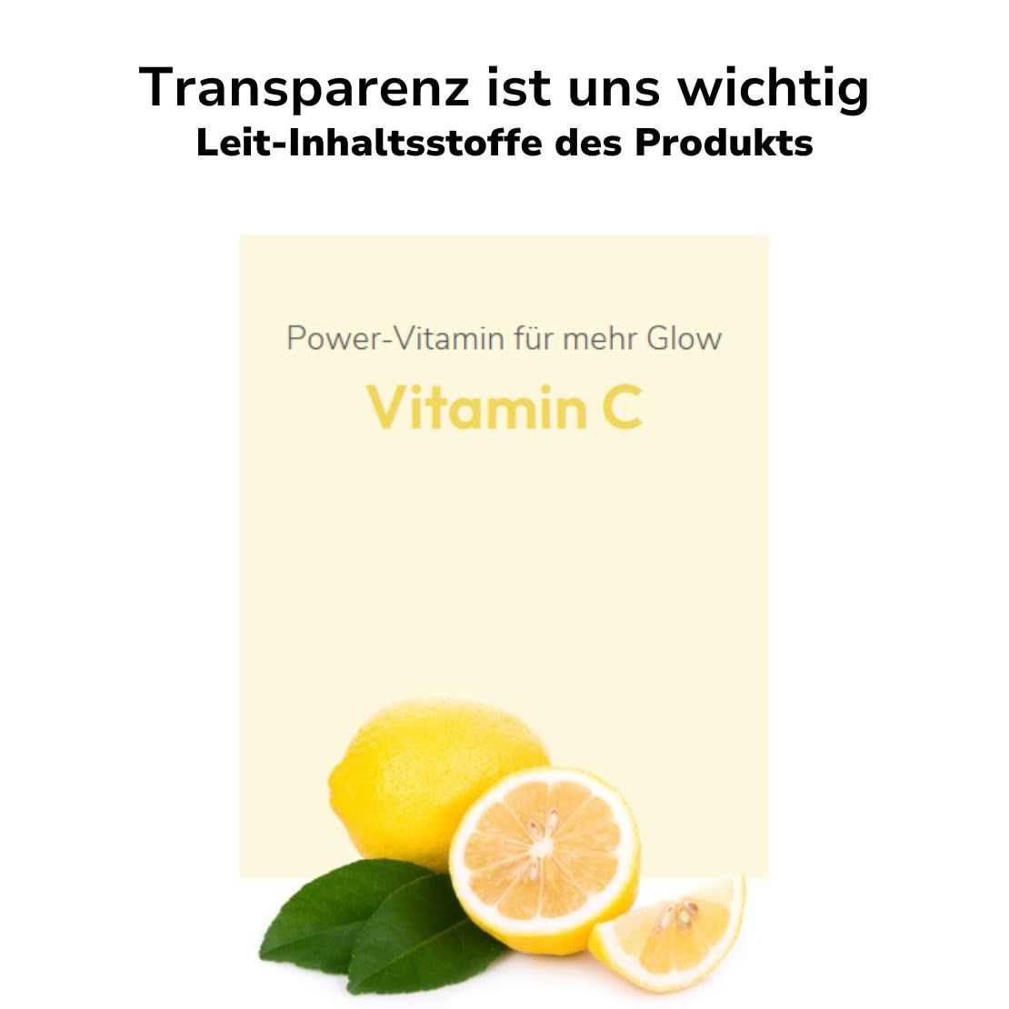 Zitronen und Text. Gelber Hintergrund. Text: Power-Vitamin für mehr Glow, Vitamin C. Zitronen, eine halbiert, mit Blättern.