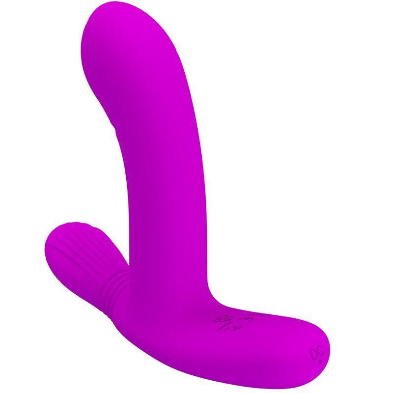 Lila Vibrator mit gebogener Form und einem zusätzlichen, kleineren Teil.