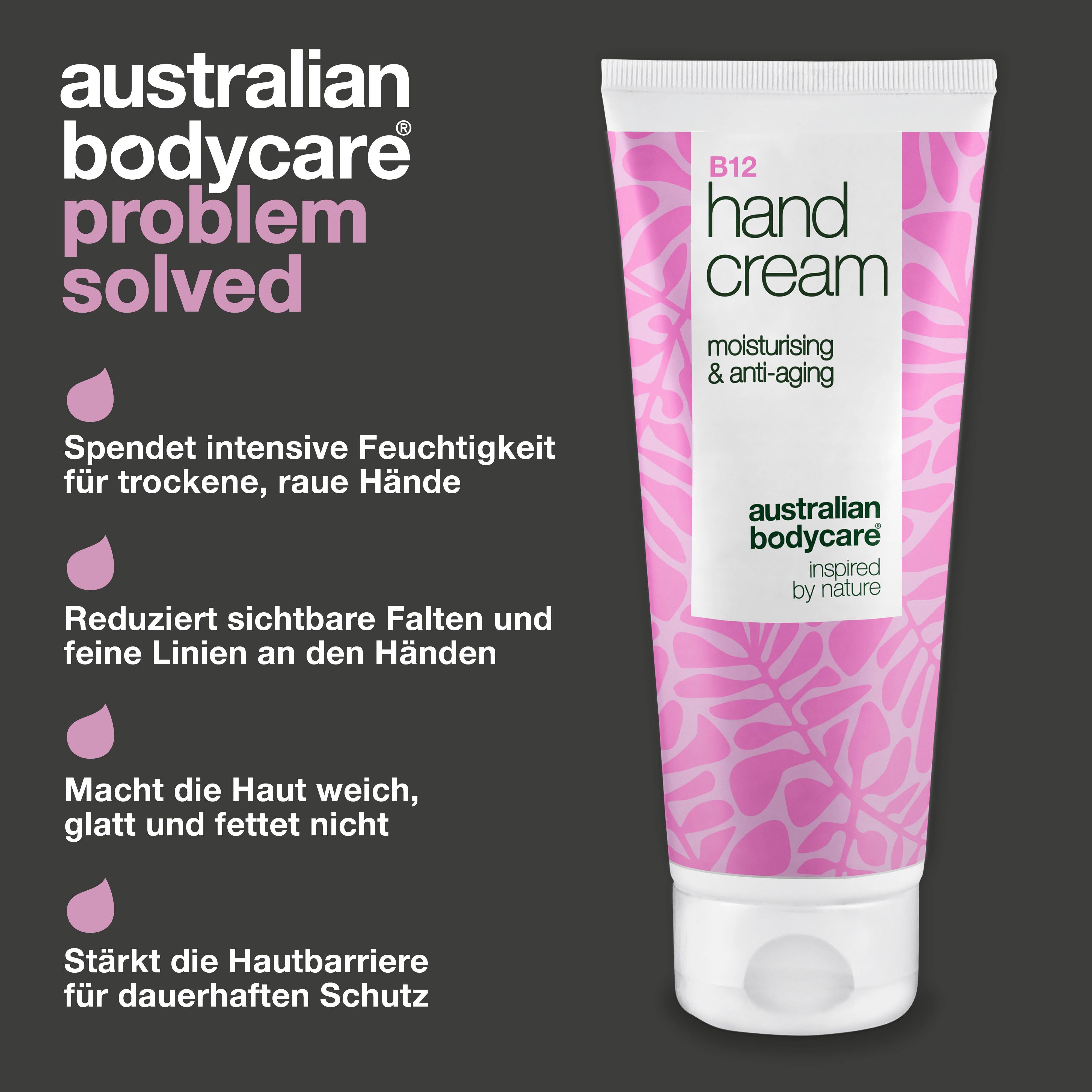 Handcreme-Tube, Text: B12 Hand Cream, Australian Bodycare. Text: Hydratisiert, reduziert Falten, macht weich.