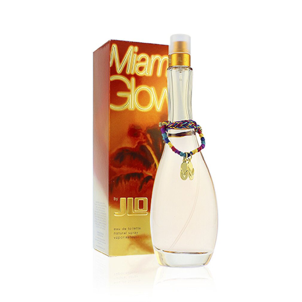 Parfümflasche mit Verpackung. Flasche mit Schmuckband. Verpackung mit Aufschrift Miami Glow und Logo JLo.