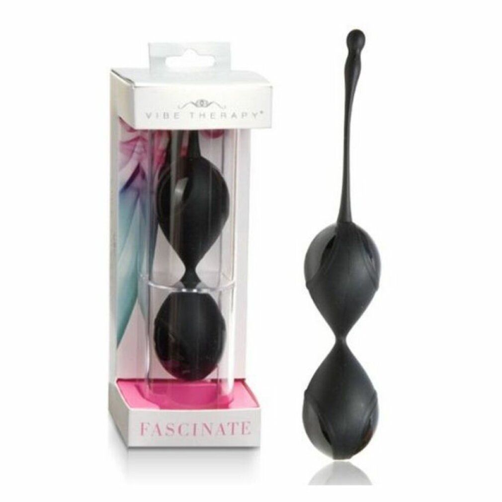 Zwei schwarze, tropfenförmige Kugeln mit Verbindungsstück und Griff. In Verpackung mit 'Vibe Therapy' und 'FASCINATE'.