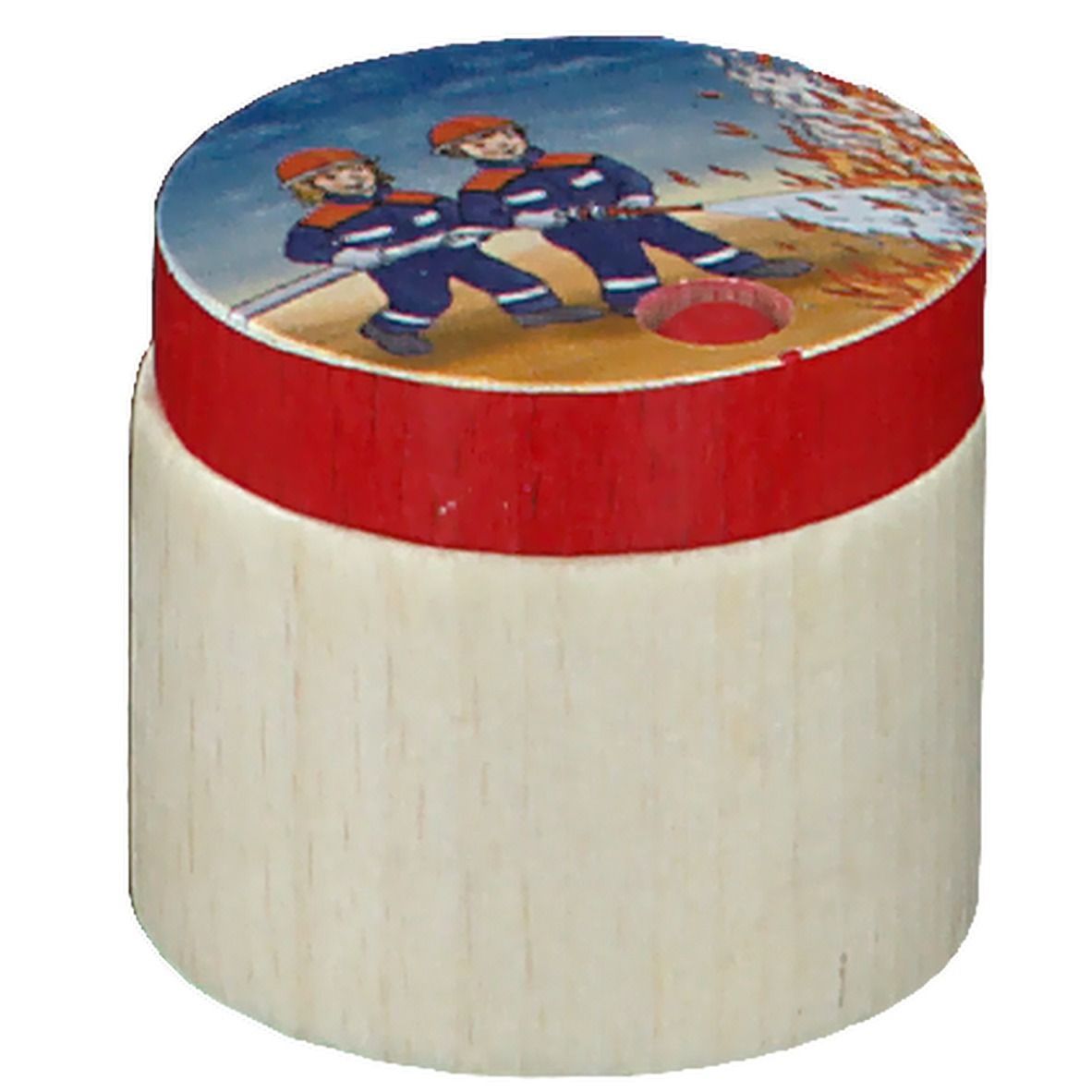 Zahnbox mit Feuerwehr-Motiv. Zylindrische Form, Holz. Roter Deckel mit Feuerwehrleuten und Flammen. Loch im Deckel.