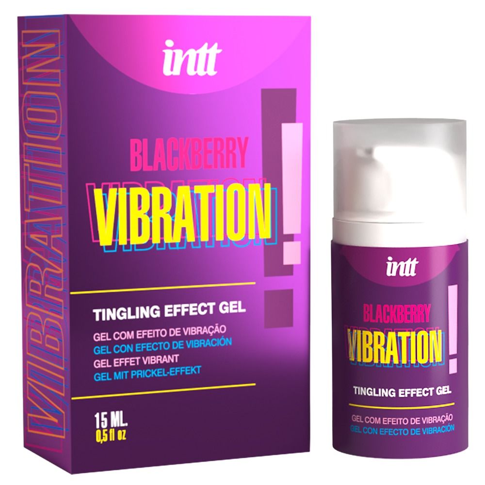 Produktverpackung: Lila Schachtel und Flasche. Aufschrift: intt, Blackberry Vibration, Tingling Effect Gel. Gel mit Vibrationseffekt. 15 ml.