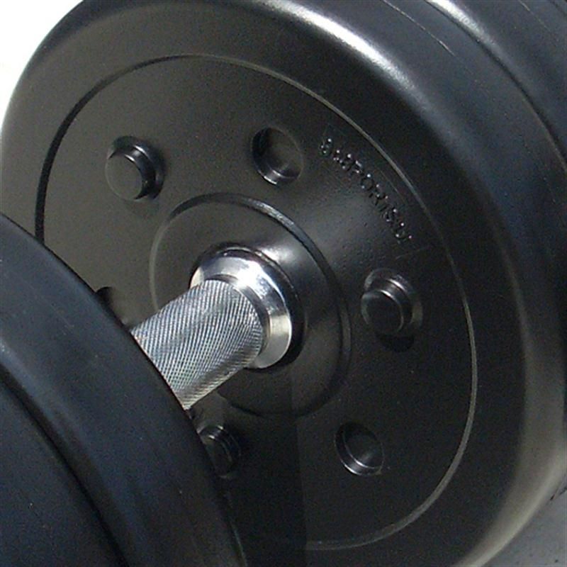 Nahaufnahme einer Kurzhantel. Schwarze Gewichtsscheiben, Metallgriff. Aufschrift: ScSPORTS®.