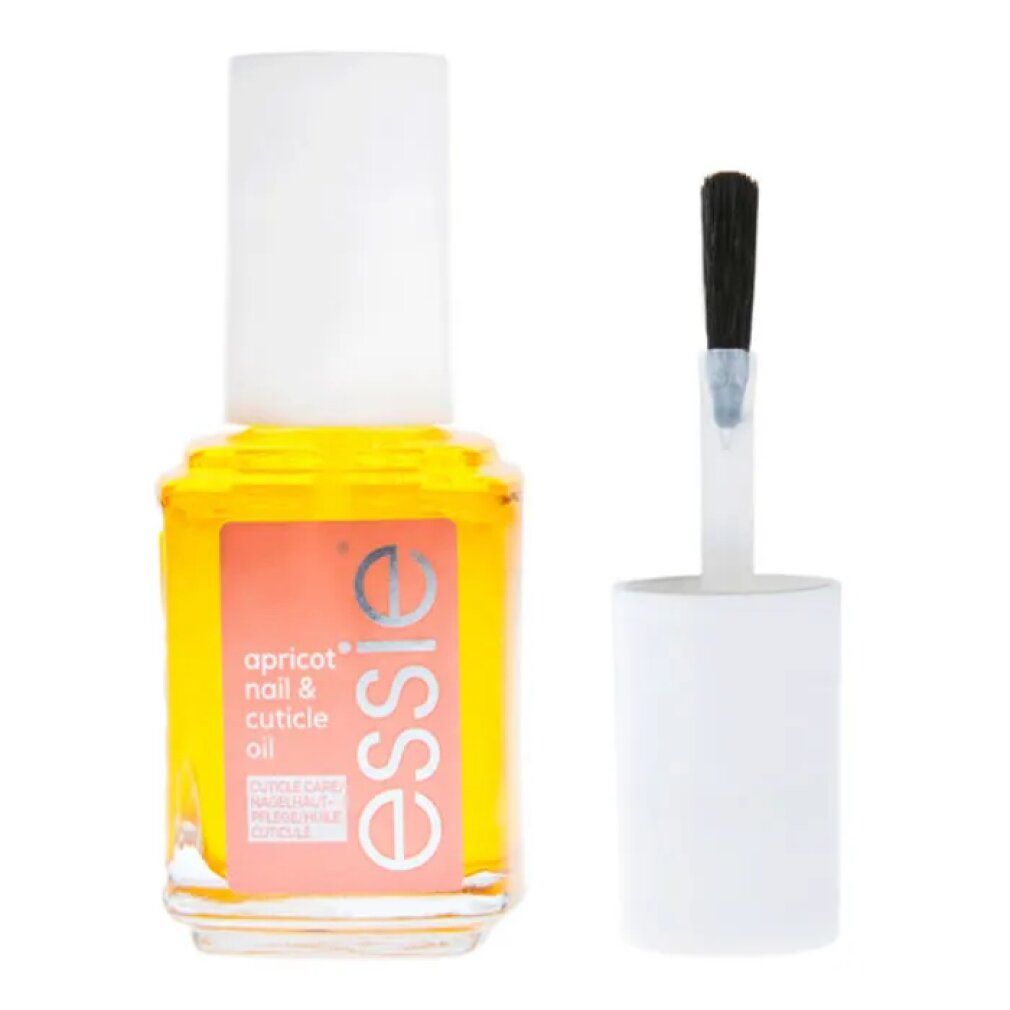 Glasflasche mit gelbem Inhalt, weißem Deckel und Pinsel. Aufkleber mit Text: apricot nail & cuticle oil, essie.