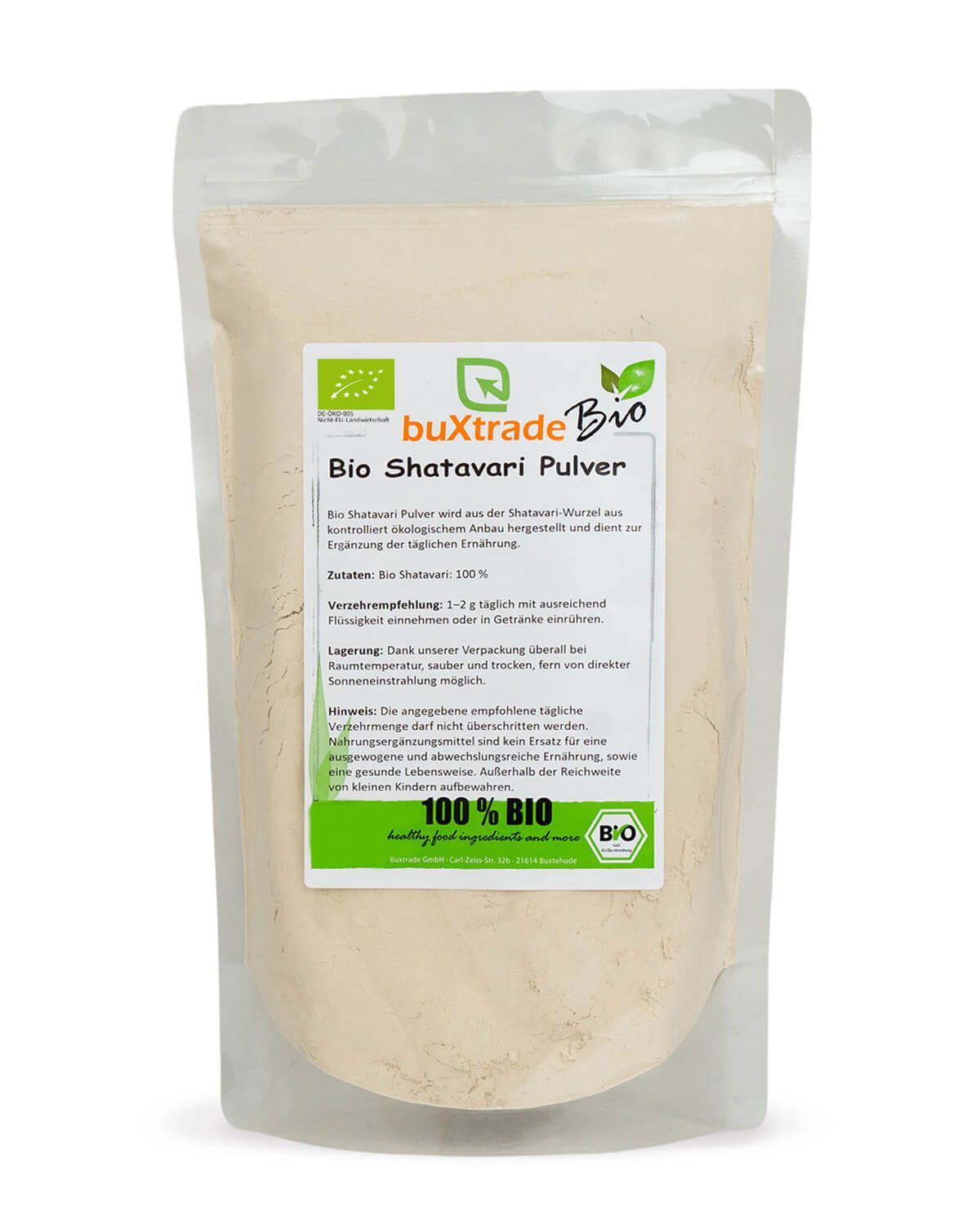 Bio Shatavari Pulver in einem Standbodenbeutel mit Etikett. Enthält Bio-Siegel und '100% BIO'.