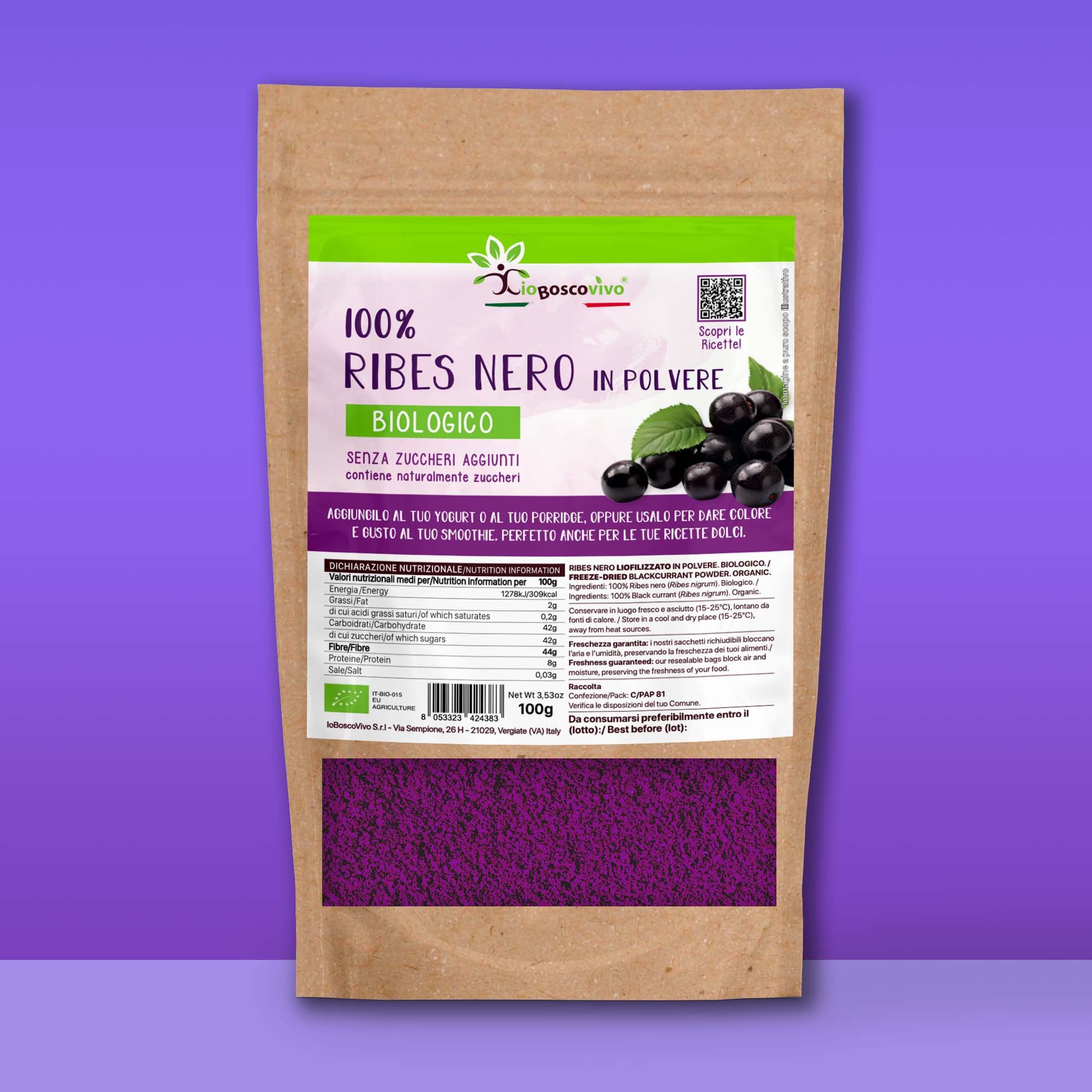 IoBoscoVivo Bio-Schwarze Johannisbeere gefriergetrocknet in Pulverform, allergenfrei