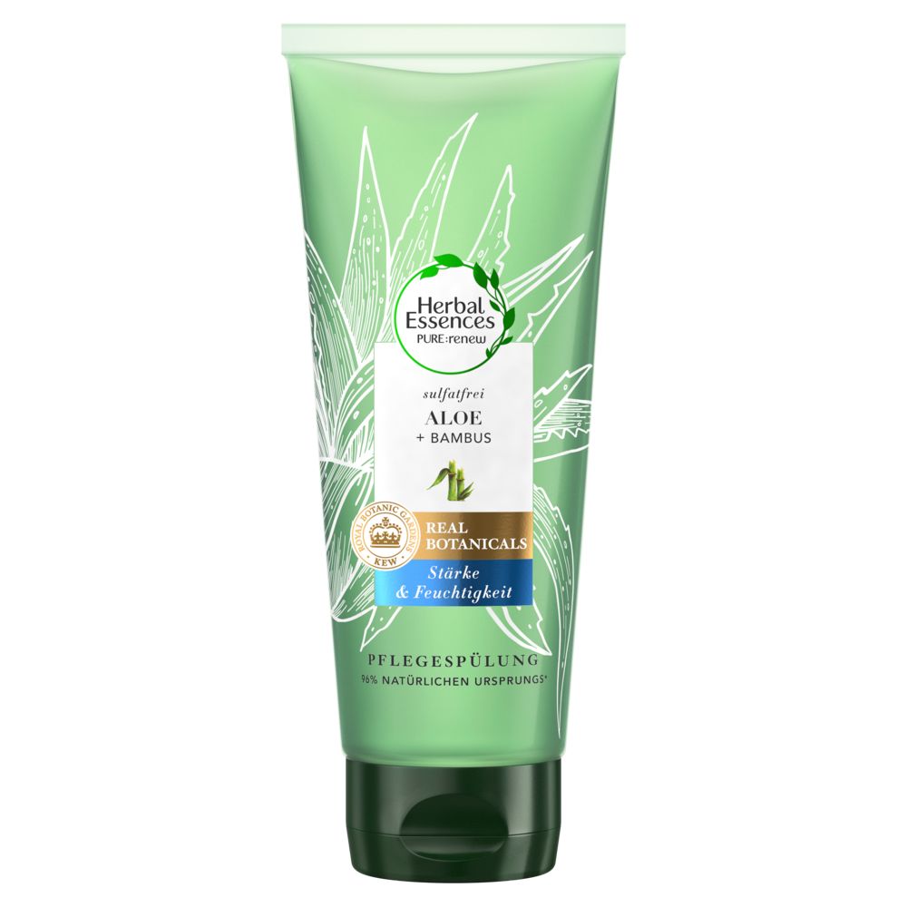 Grüne Tube mit Herbal Essences Logo und Aloe + Bambus Aufdruck. Enthält Real Botanicals und Pflegespülung.