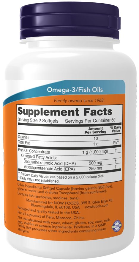 Rückseite der Flasche. Orangefarbenes Etikett mit Nährwertangaben und Inhaltsstoffen. Enthält Omega-3/Fischöle.