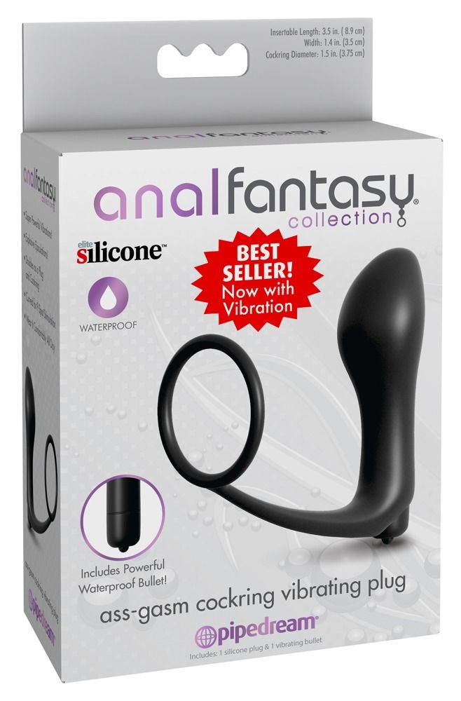 Verpackung mit Produktnamen. Enthält einen schwarzen Cockring-Vibrator-Plug. Text: Anal Fantasy Collection, ass-gasm cockring vibrating plug.
