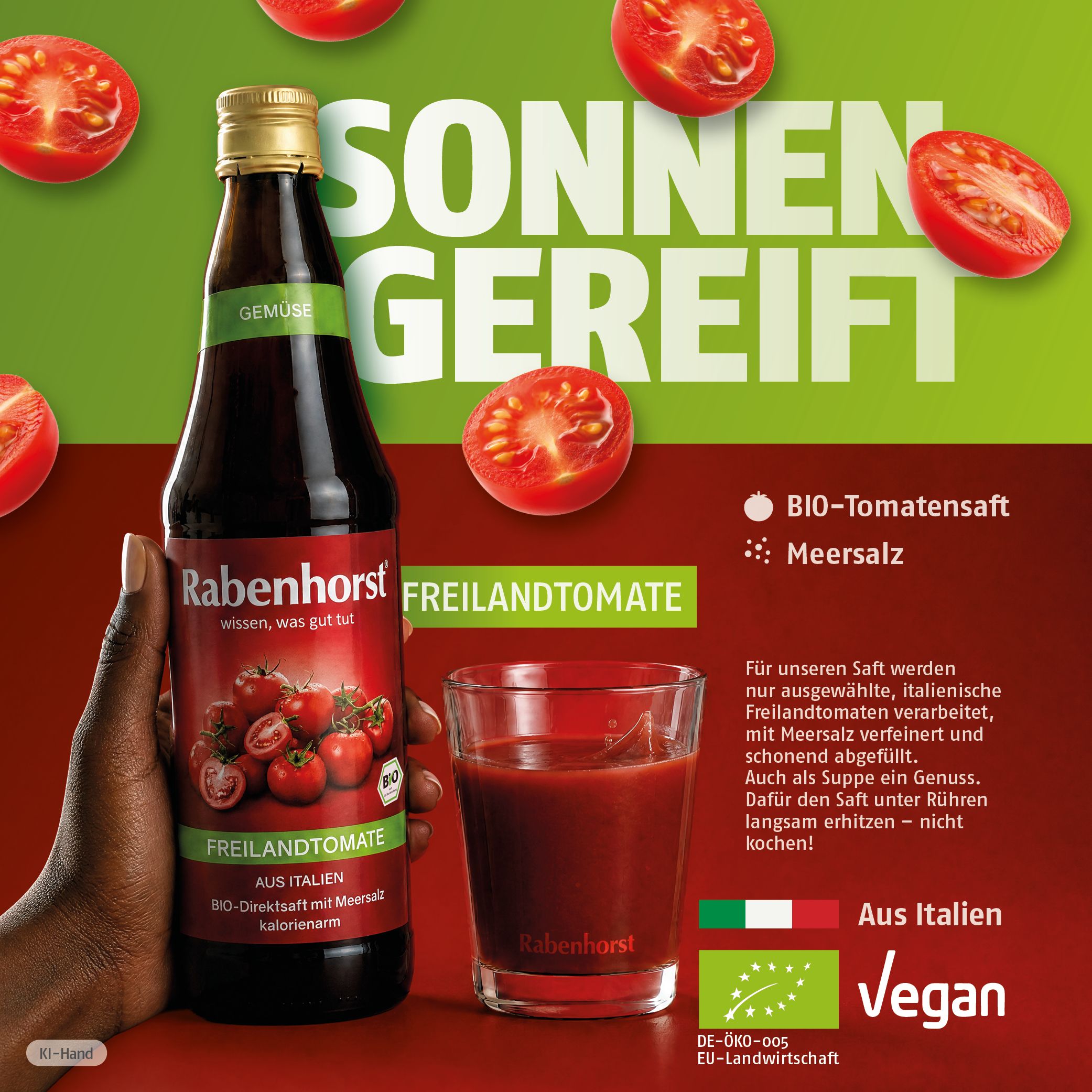 Rabenhorst Freilandtomate BIO Saft in Flasche und Glas, mit ganzen und geschnittenen Tomaten.
