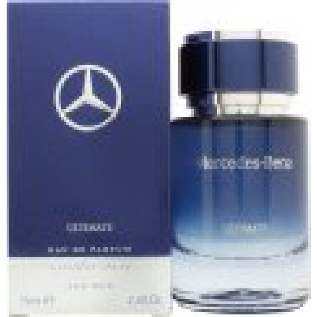 Blauer Flakon und Schachtel von Mercedes-Benz Ultimate Eau De Parfum. Flakon mit silbernem Deckel. Aufschrift: Ultimate, Eau de Parfum, Natural Spray, For Men.