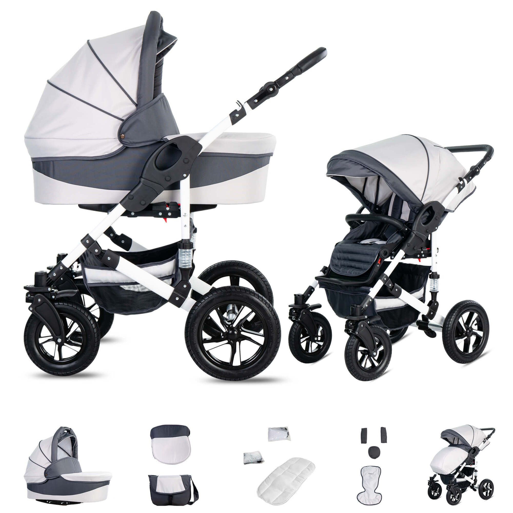 Kombikinderwagen, weiß-grau. Zwei Konfigurationen: Babywanne und Sportsitz. Zubehör: Tasche, Matratze, Adapter. Hartgummireifen.
