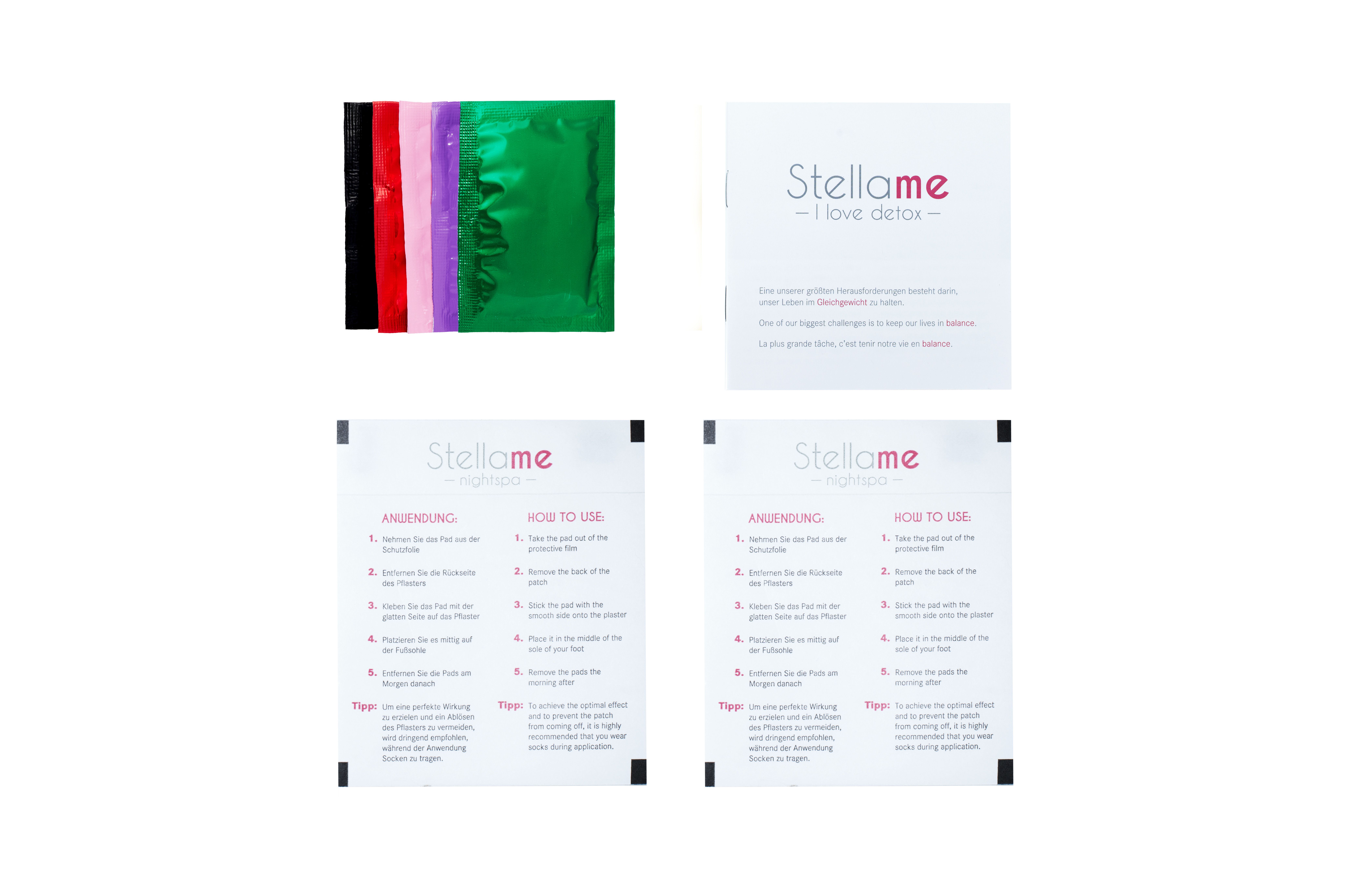 Mehrere kleine, rechteckige Beutel und eine Karte mit "stellame" Schriftzug und Text.