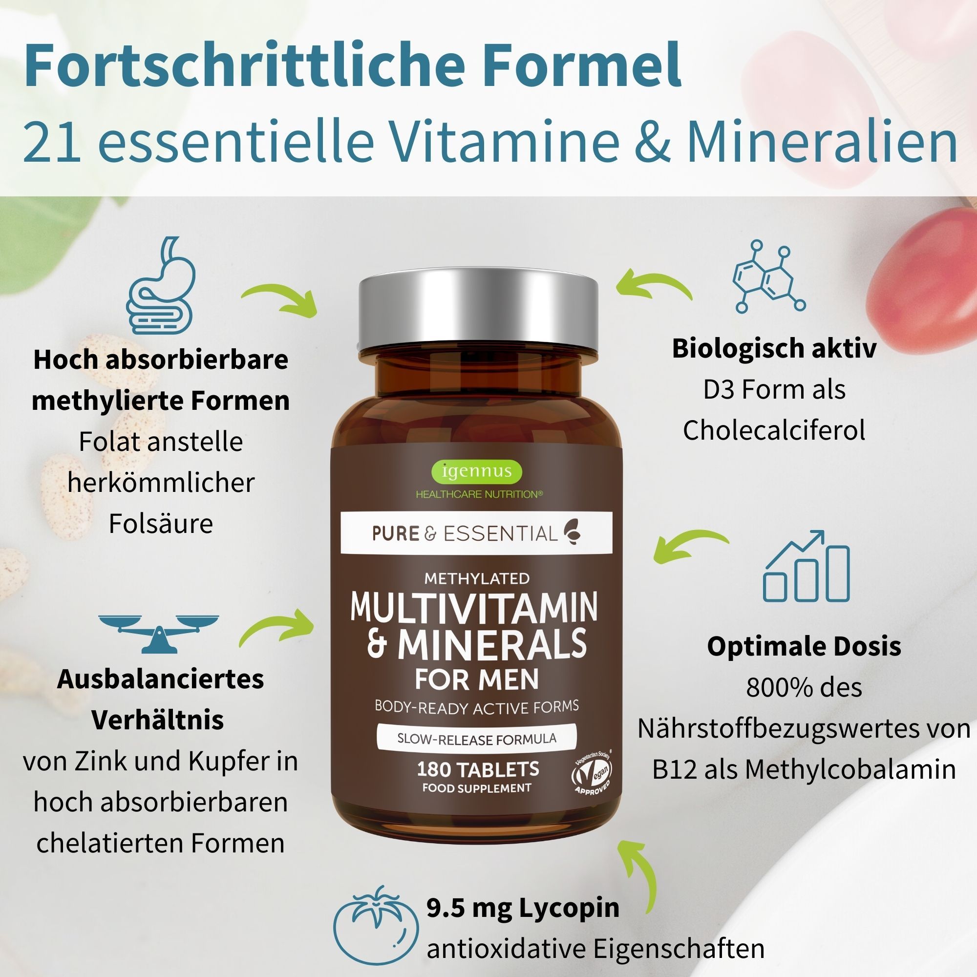Braune Flasche mit Tabletten. Aufschrift: Methyliertes Multivitamin & Mineralien für Männer. 180 Tabletten. 21 Vitamine & Mineralien.