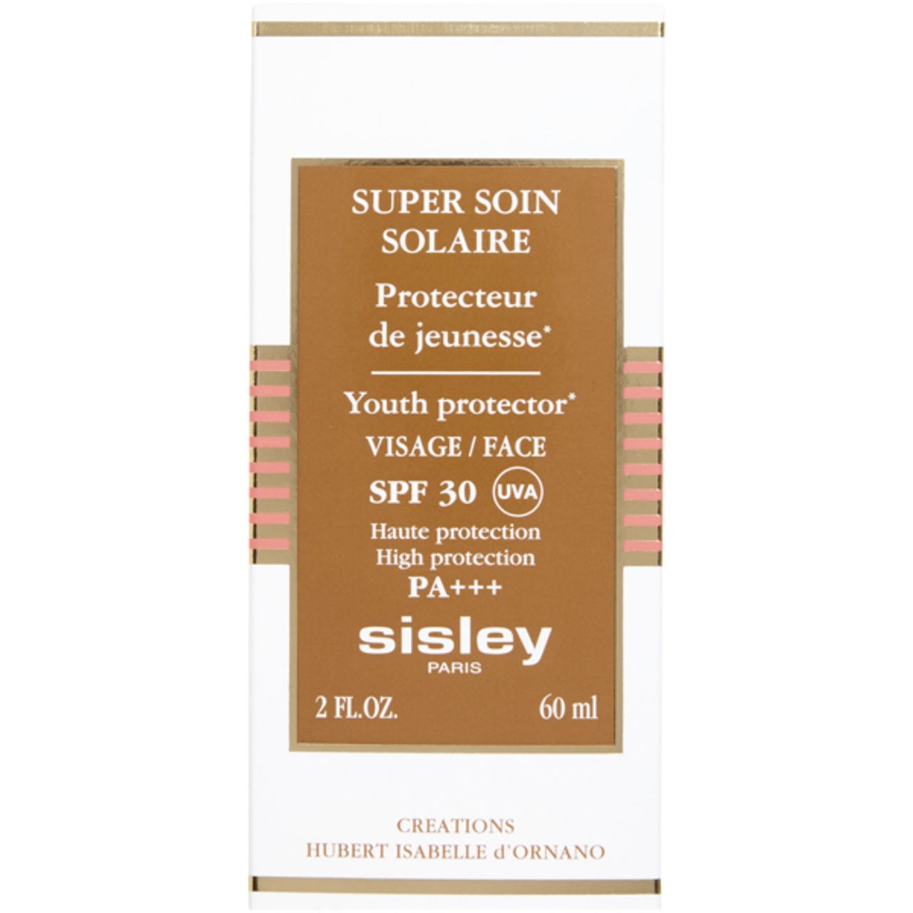 Weiße Verpackung mit braunem Etikett. Text: Super Soin Solaire, SPF 30, Sisley Paris. 60 ml.