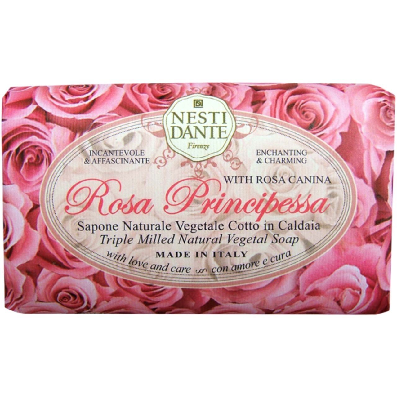 Seife mit Rosenmuster. Ovales Etikett mit Produktnamen und Markennamen. Text: Rosa Principessa, Nesti Dante Firenze.