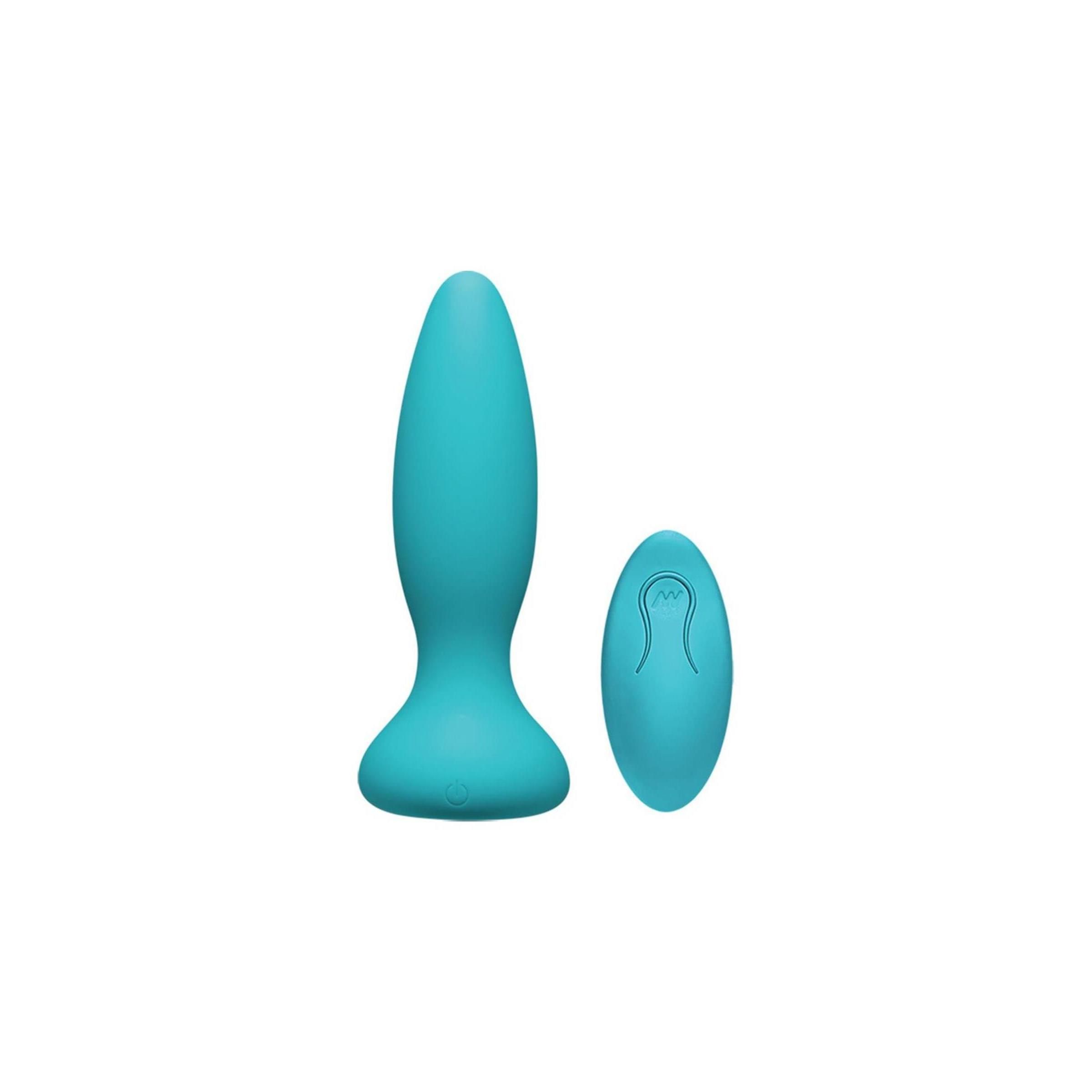 Türkisfarbener Analplug und Fernbedienung. Plug mit breiter Basis, konischer Form. Fernbedienung oval. Beide aus Silikon.
