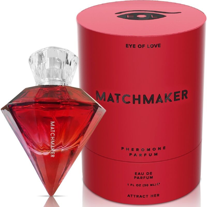 Roter Diamant-Parfümflakon und zylindrische Verpackung. Aufschrift: MATCHMAKER, Pheromon-Parfüm, Eau de Parfum, Attract Her.