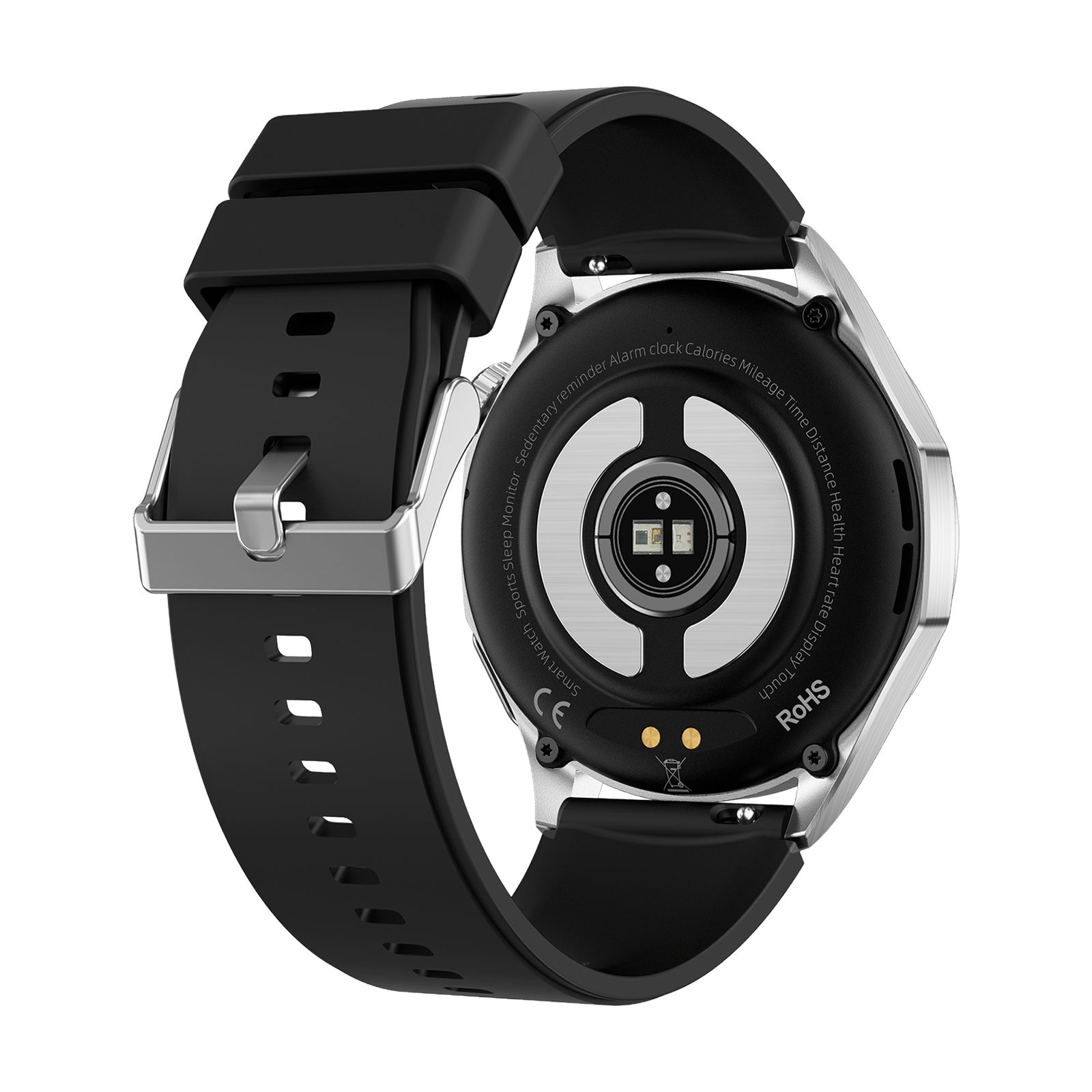 Rückseite einer Smartwatch mit schwarzem Armband. Sensoren, Ladekontakte und CE-Kennzeichnung sind sichtbar.