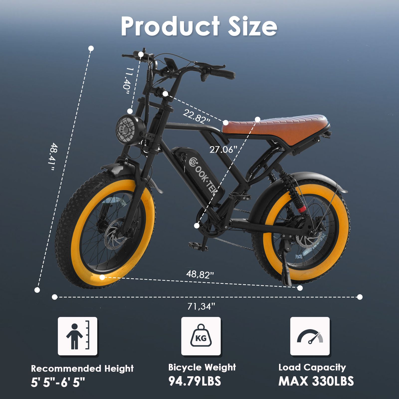 E-Bike mit Maßen. Text: Product Size. Empfohlene Größe: 5'5"-6'5". Fahrradgewicht: 94.79LBS. Maximale Tragfähigkeit: 330LBS.