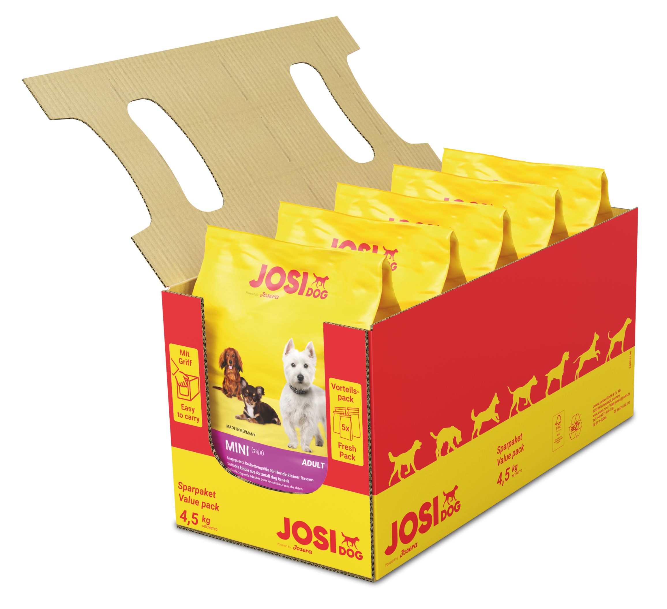 JosiDog Mini für kleine Rassen in Kartonverpackung. Mehrere Tüten, Produktabbildung, und Produktbezeichnung.