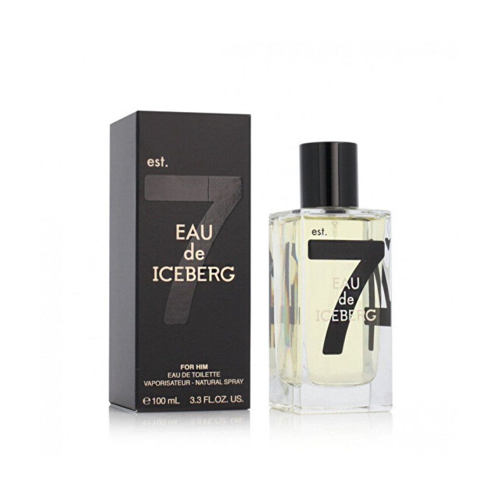 Flakon mit schwarzem Deckel. Auf dem Flakon steht "Eau de Iceberg". Enthält eine klare Flüssigkeit.