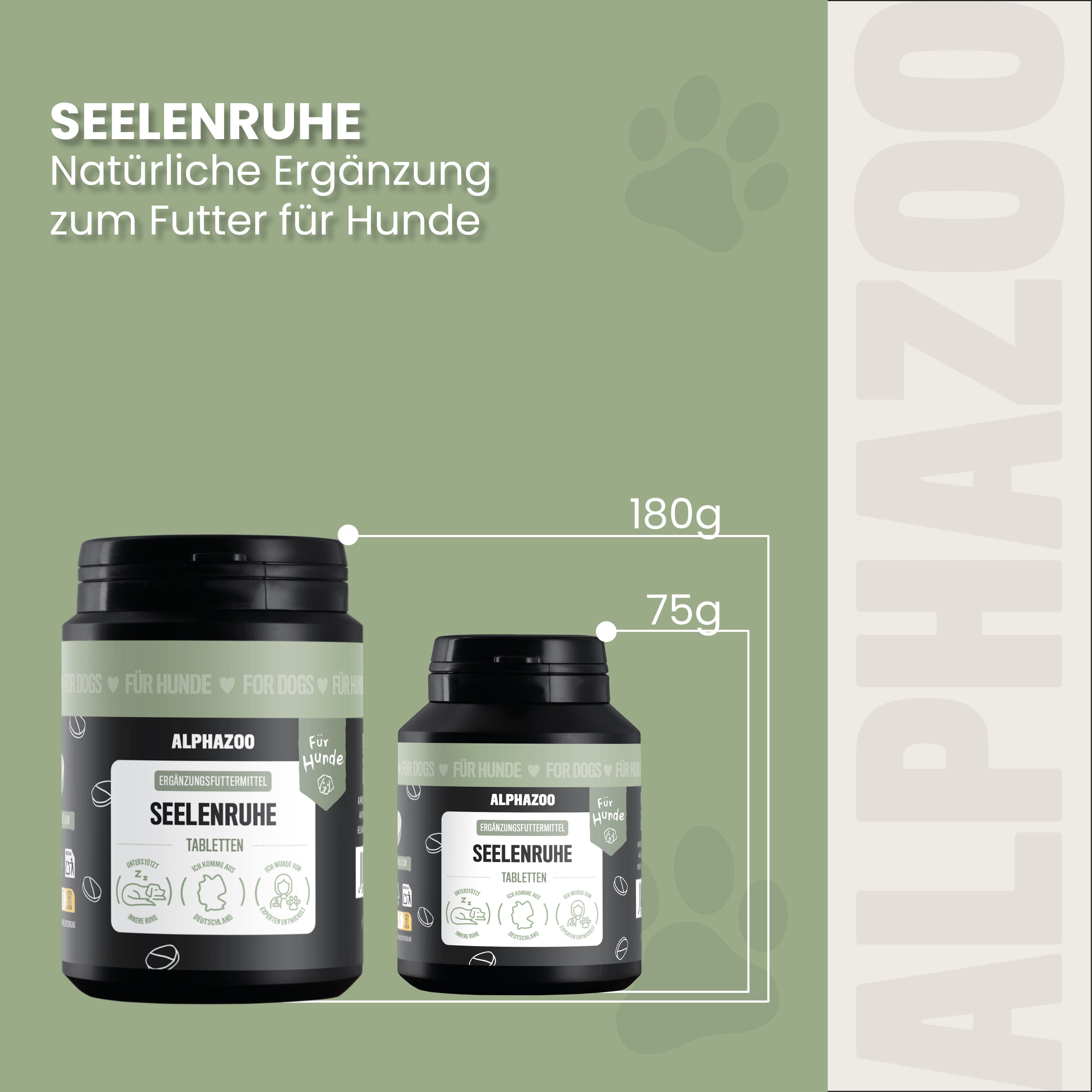 Zwei schwarze Dosen mit weißem Etikett. Text: ALPHAzoo, Seelenruhe Tabletten. 75g und 180g. Natürliche Ergänzung zum Futter für Hunde.