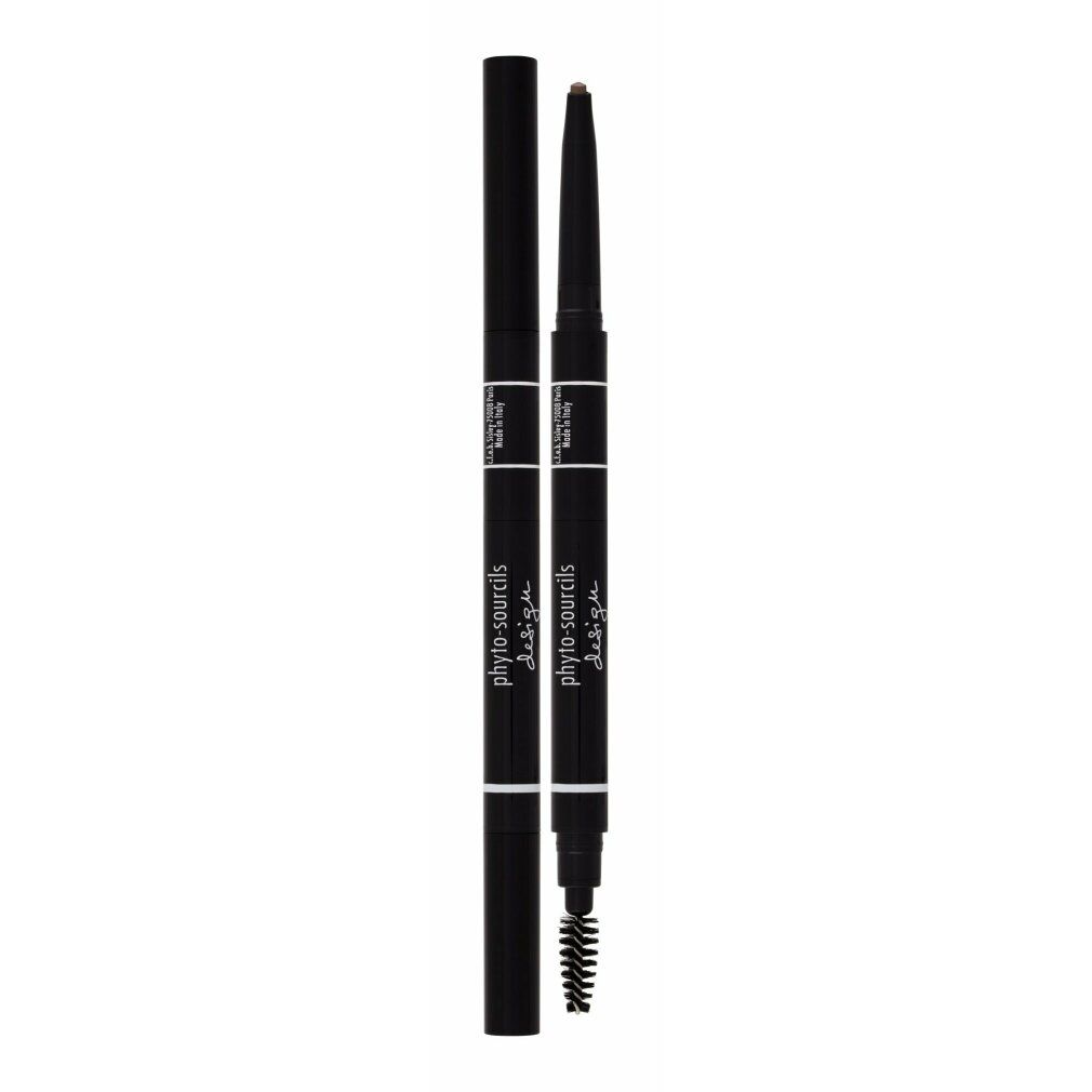 Zwei Sisley Phyto-Sourcils Design Augenbrauenstifte. Schwarz, mit Bürste und Stiftspitze. Auf weißem Hintergrund.