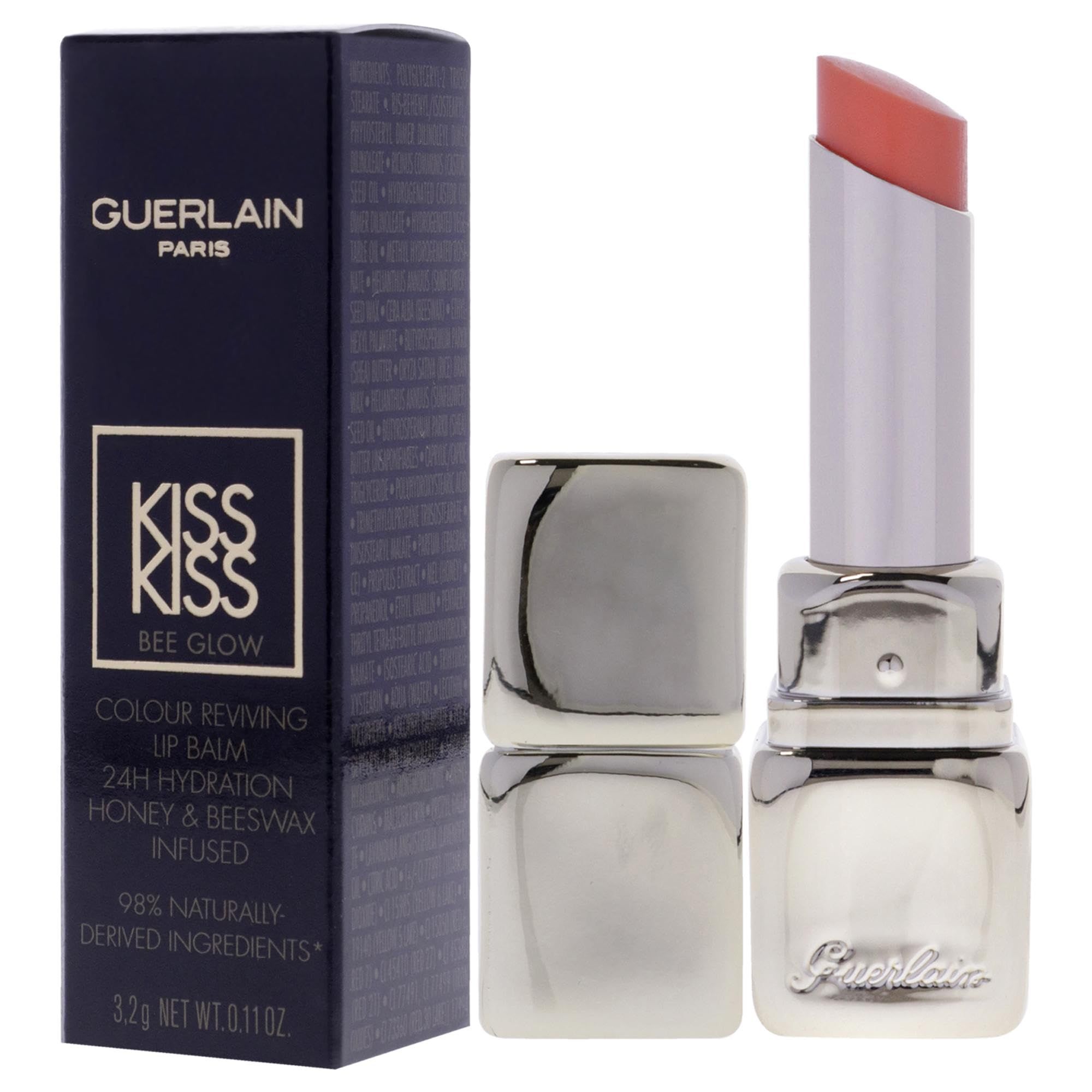 Lippenbalsam mit silberfarbener Hülse und separater Kappe. Schwarze Verpackung mit Produktinformationen. Aufschrift: Guerlain, Kiss Kiss Bee Glow.