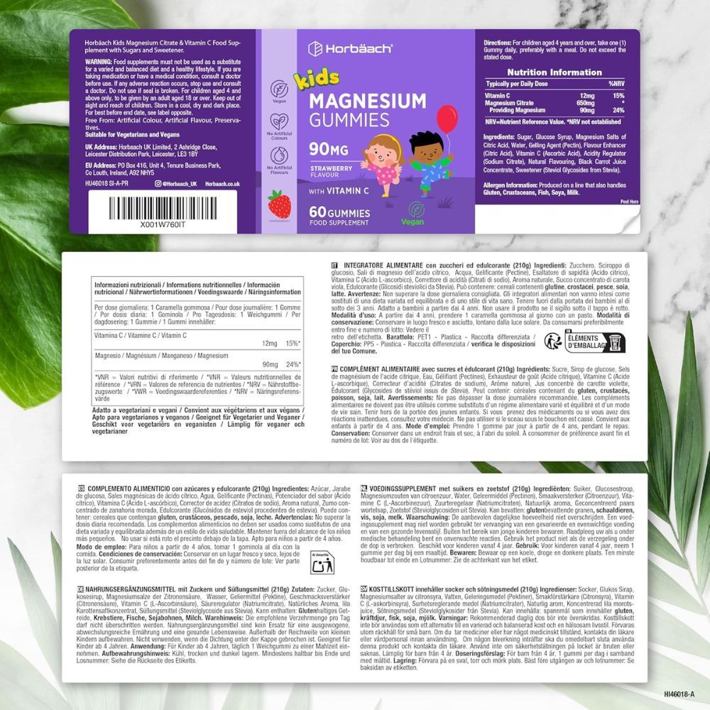 Horbaach Kinder Magnesium Gummies. Produktetikett mit Inhaltsstoffen und Nährwertangaben. Vegan.